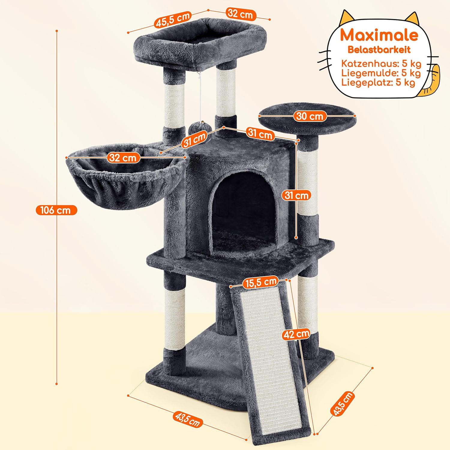 Katzen Kratzbaum 107 cm mit Höhle Sisal Plüsch stabil Katzenmöbel