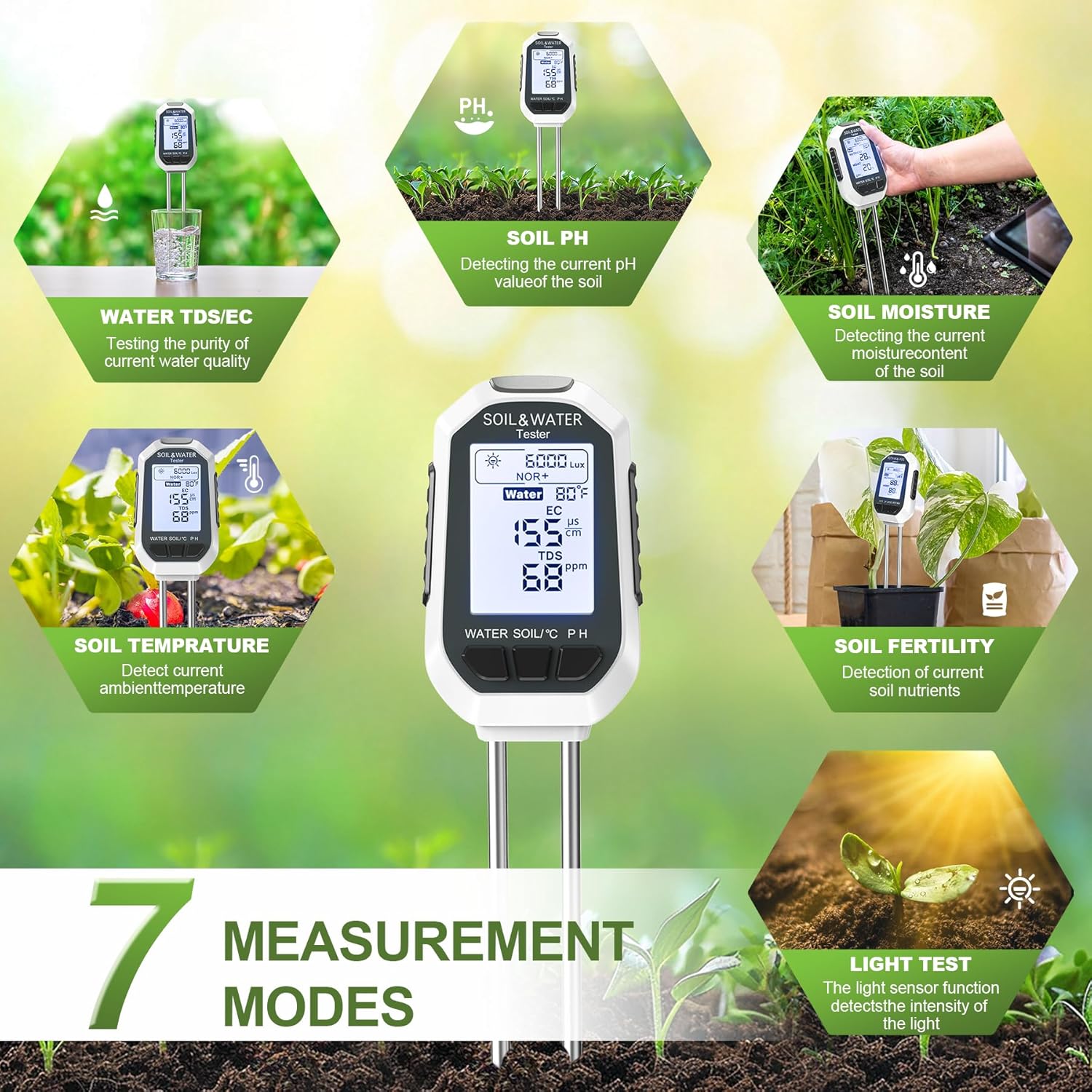 YAMRON 7‑in‑1 Bodentester pH EC TDS Licht Temperatur Feuchte Garten