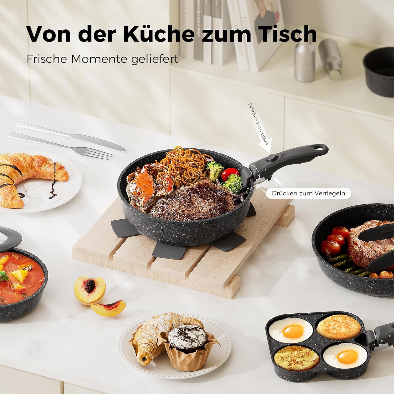 YASHE Topf- und Pfannenset 20-teilig mit abnehmbaren Griffen Induktion Grau