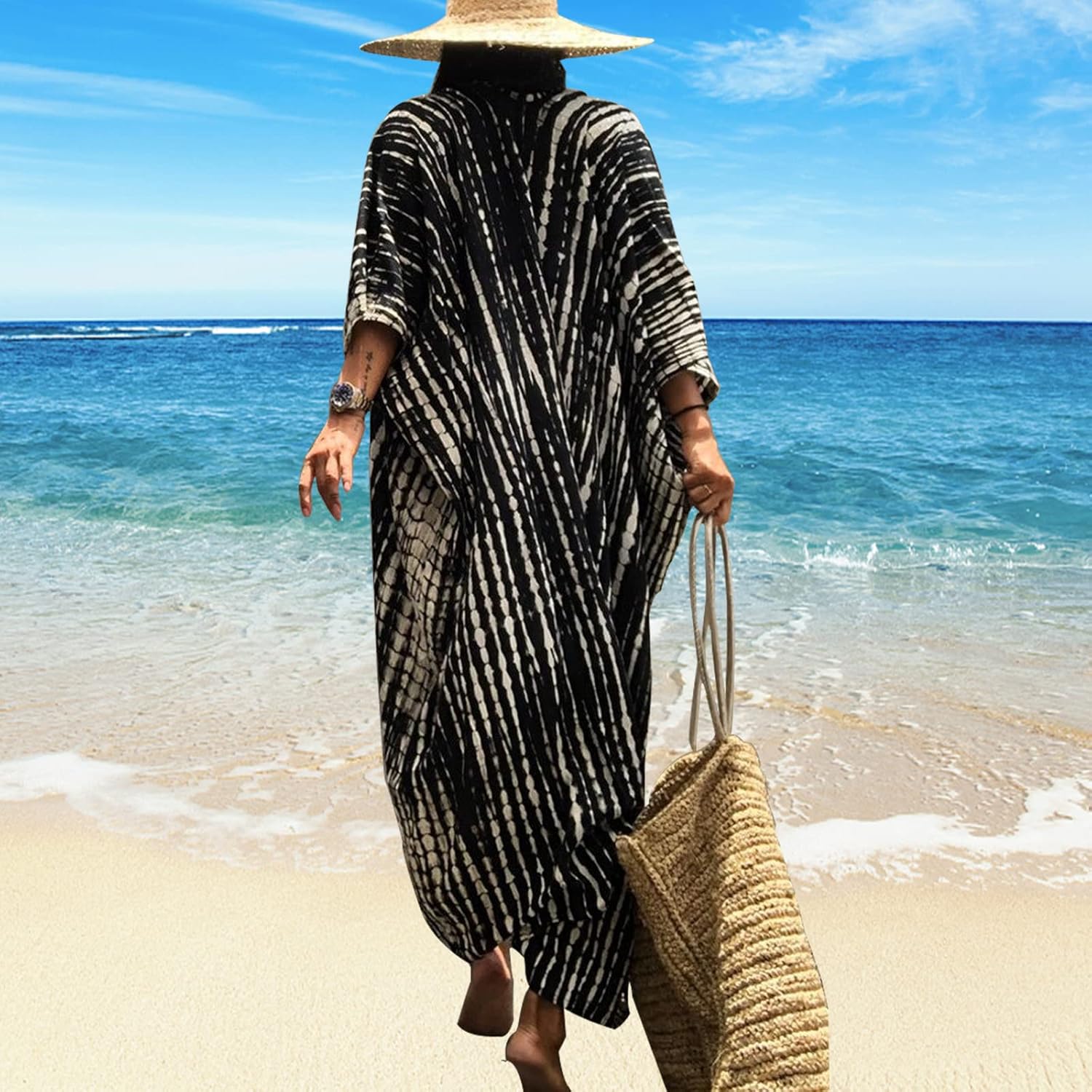 Long Beach Damen Maxi Strandkleid Kimono Cardigan offen Boho Blumen