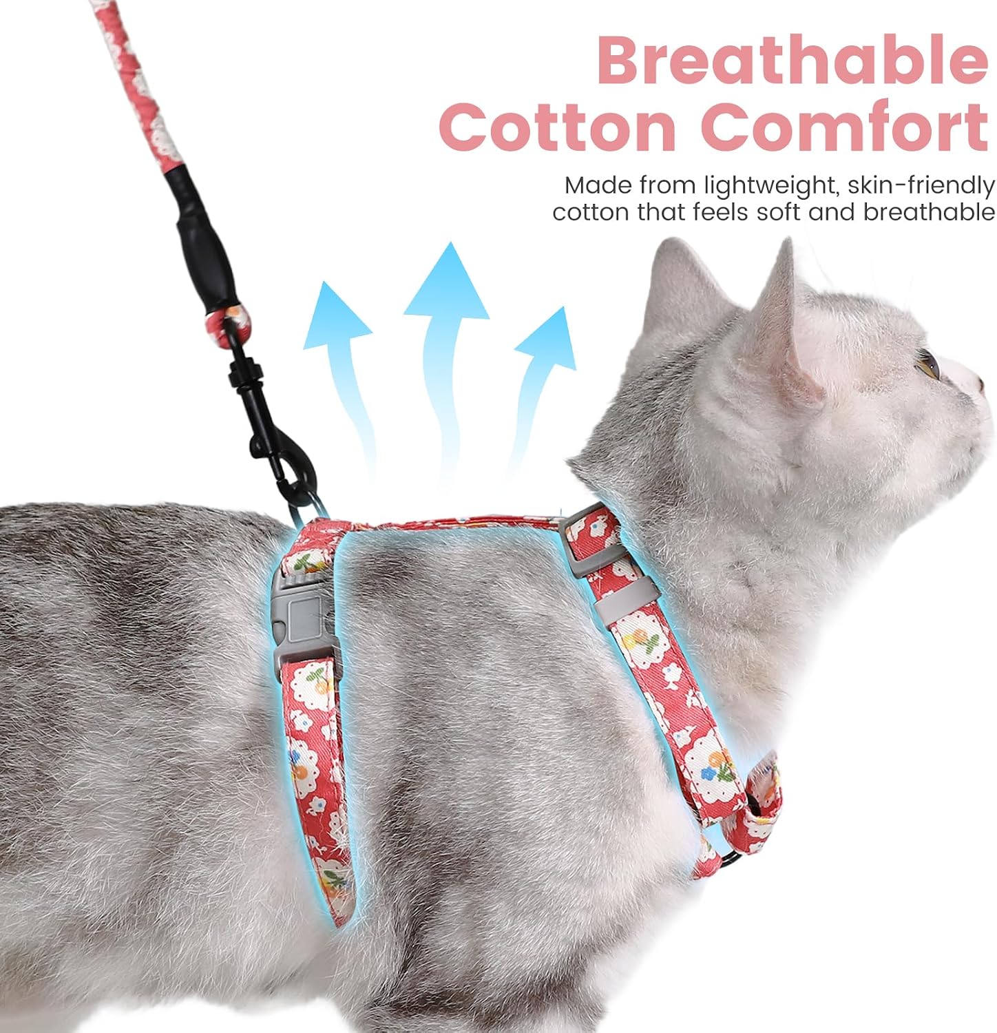 PETTOM Katzengeschirr Blumenmuster mit Leine ausbruchsicher verstellbar S-M