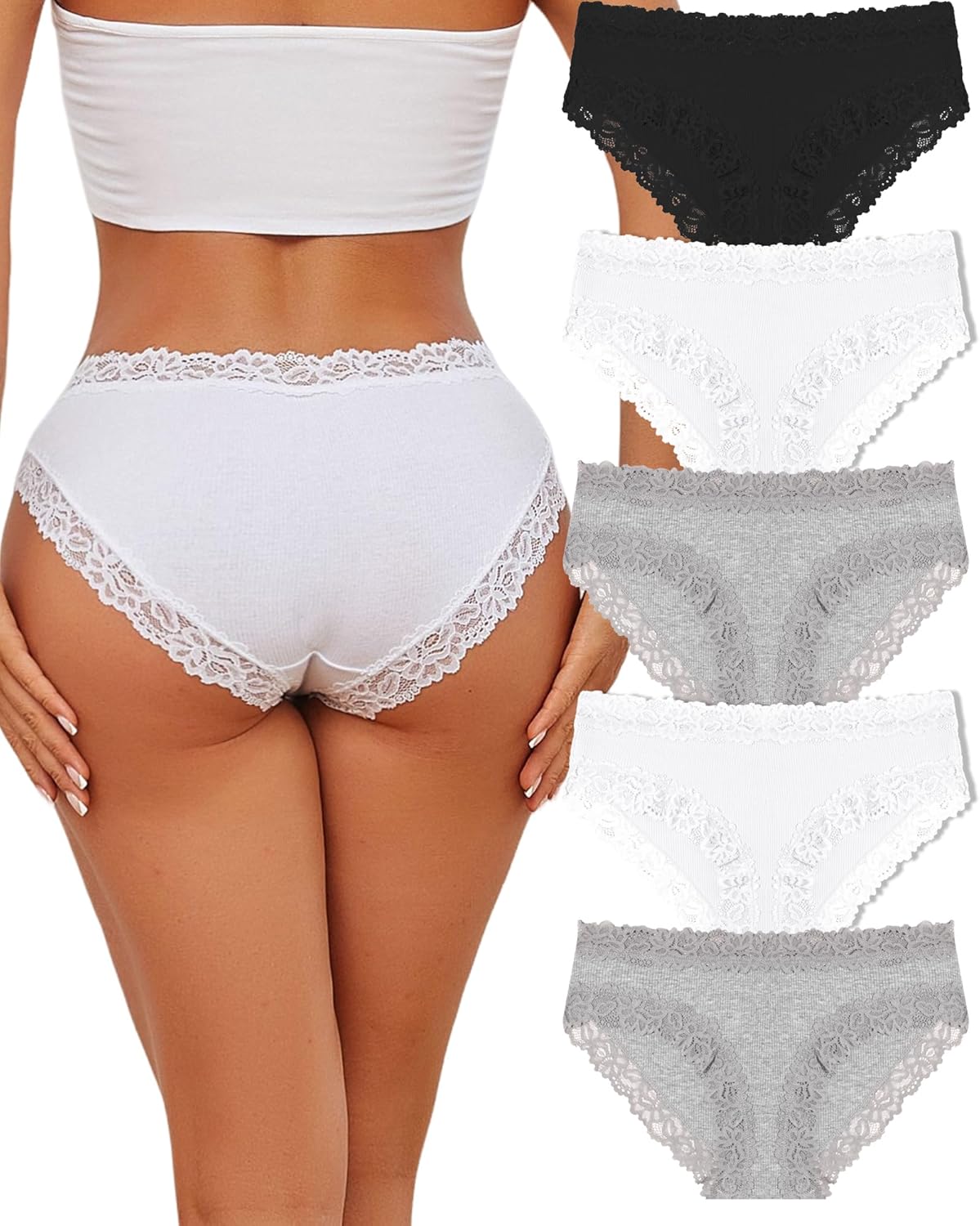FINETOO Damen Hipster 5er Pack Baumwolle Spitze Slip Unterhose XS-3XL