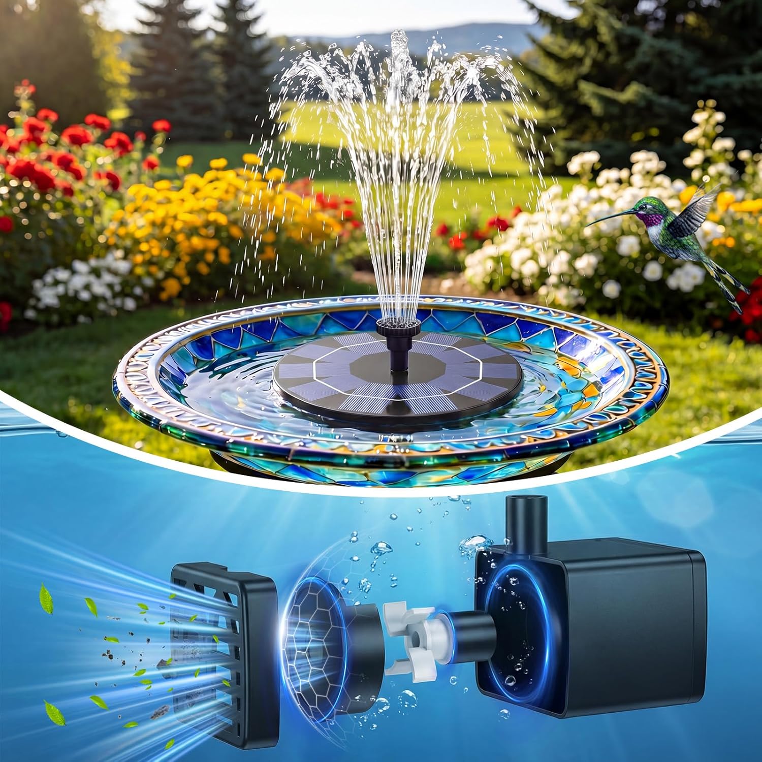 AISITIN Solarbrunnen 6 Sprueh‑Effekte schwimmende Teichpumpe 160mm-182mm