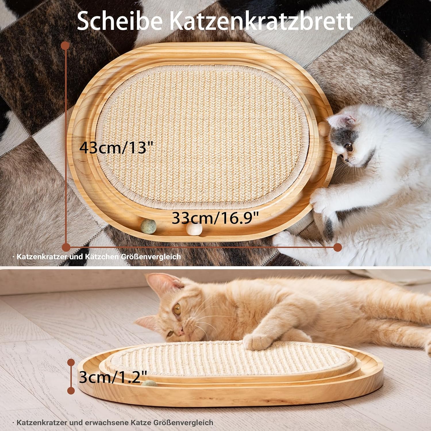 Katzen Kratzbrett Sisal 43x33cm Kratzmatte mit Spielzeug Catnip