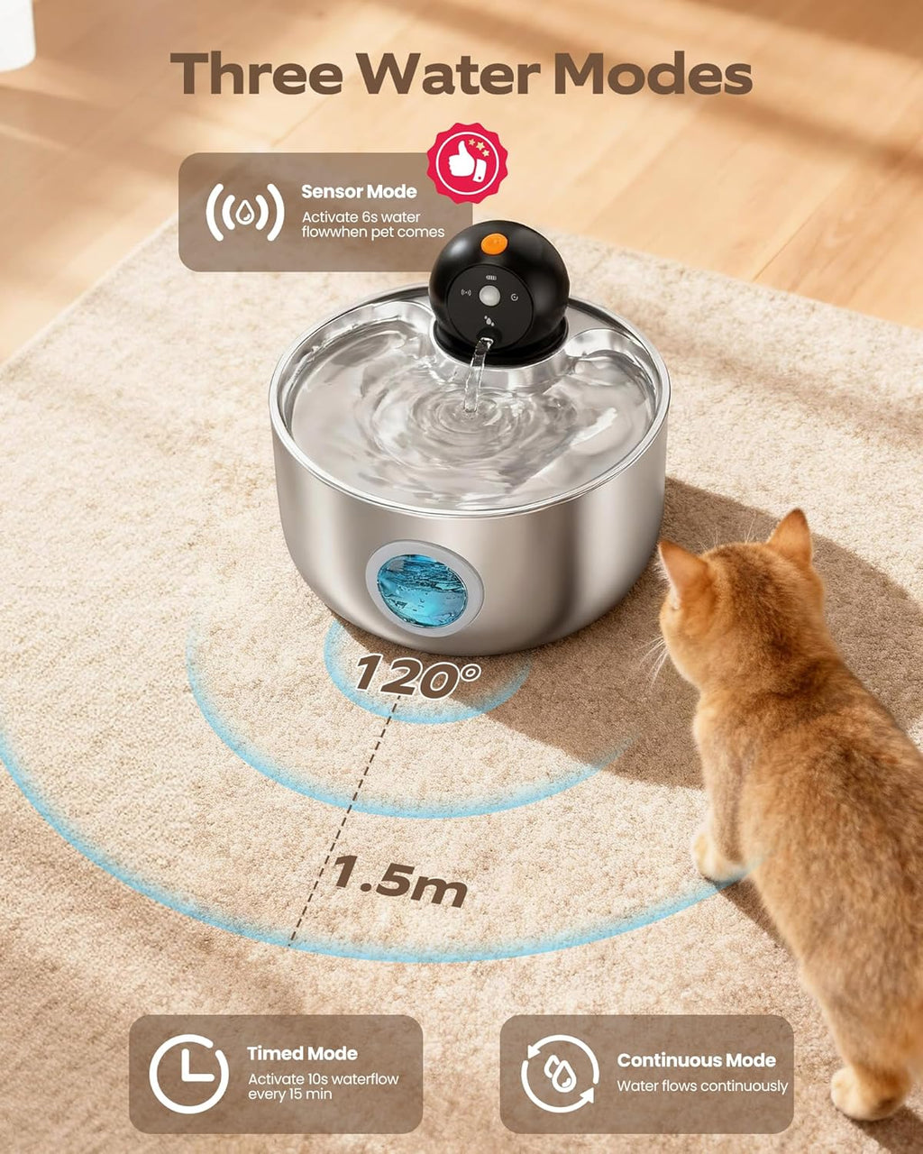 Katzenbrunnen kabellos mit Sensor Edelstahl Akku 30 Tage leise