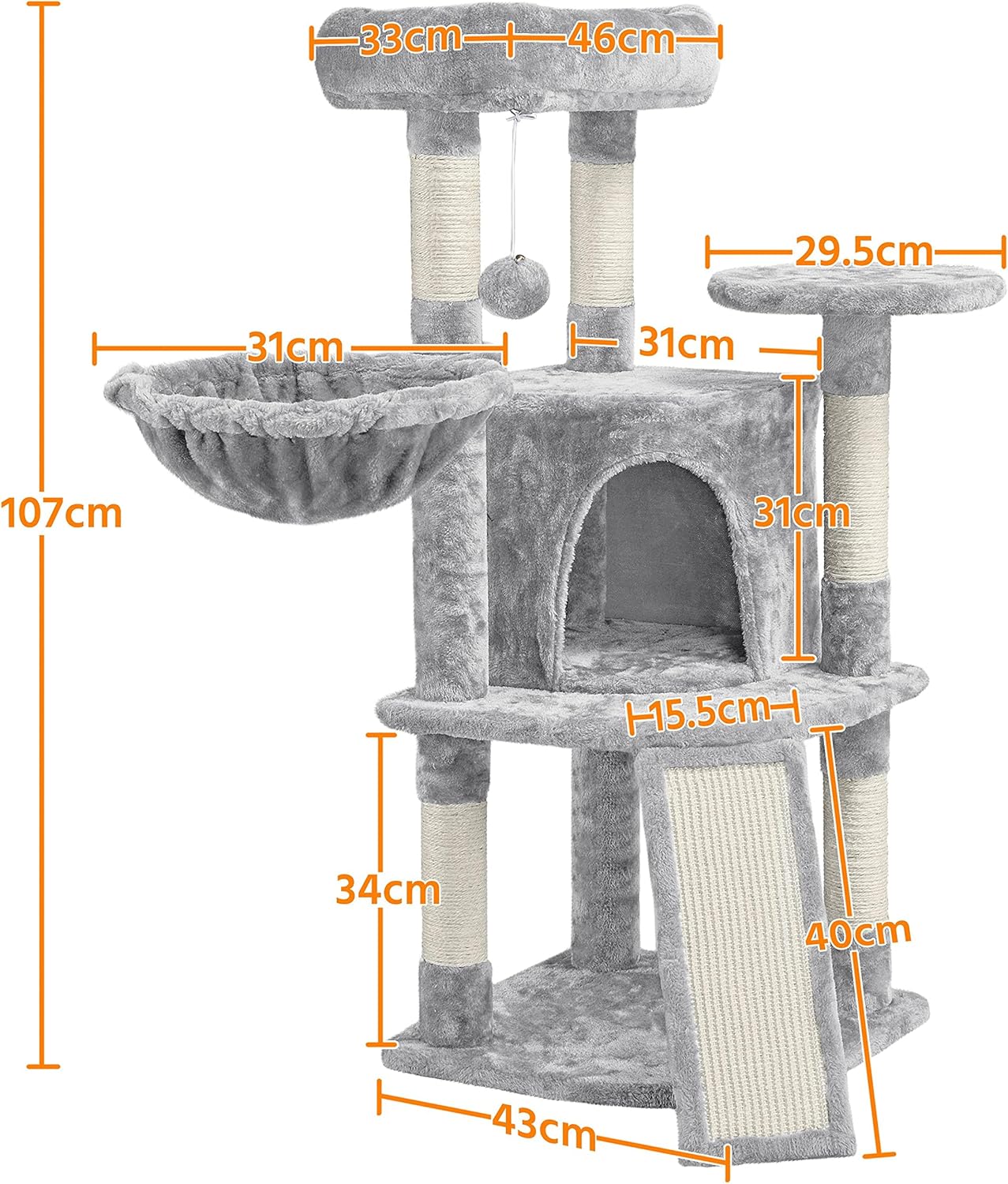 Katzen Kratzbaum 107 cm mit Höhle Sisal Plüsch stabil Katzenmöbel