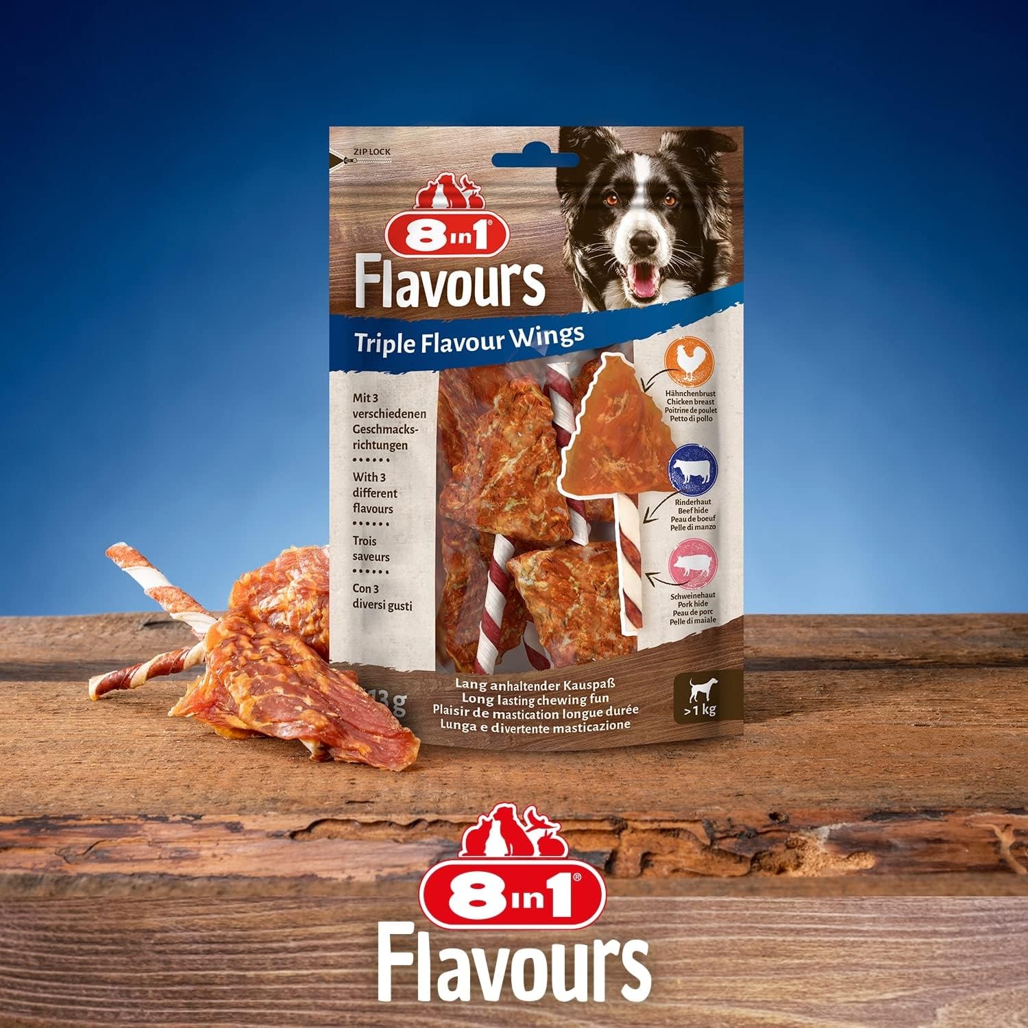 8in1 Triple Flavour Kaustangen Hund 113 g mit extra Fleisch
