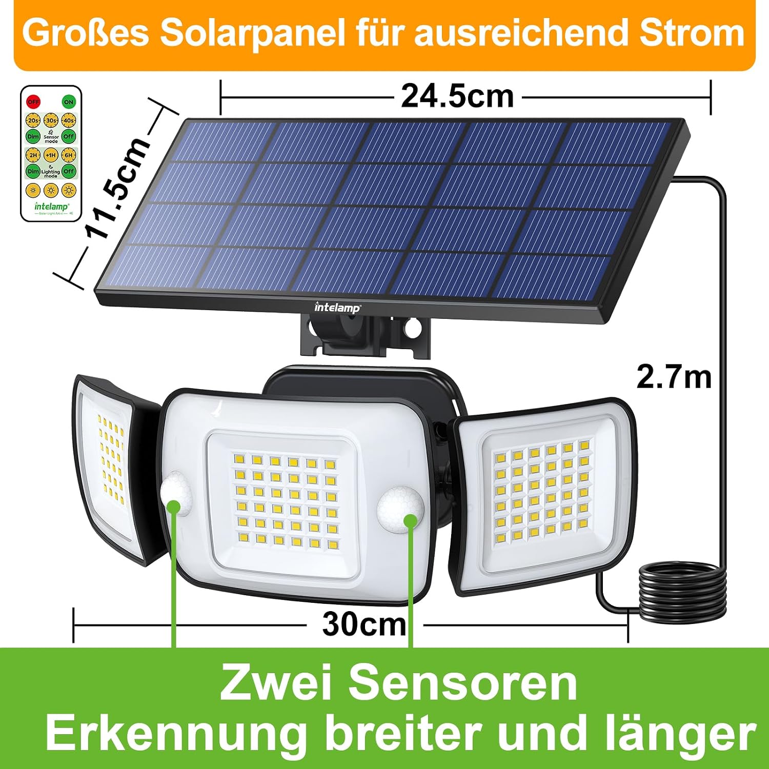 INTELAMP Solar-Strahler 1200 lm 108 LED 6000 mAh Bewegungsmelder Fernbedienung 4