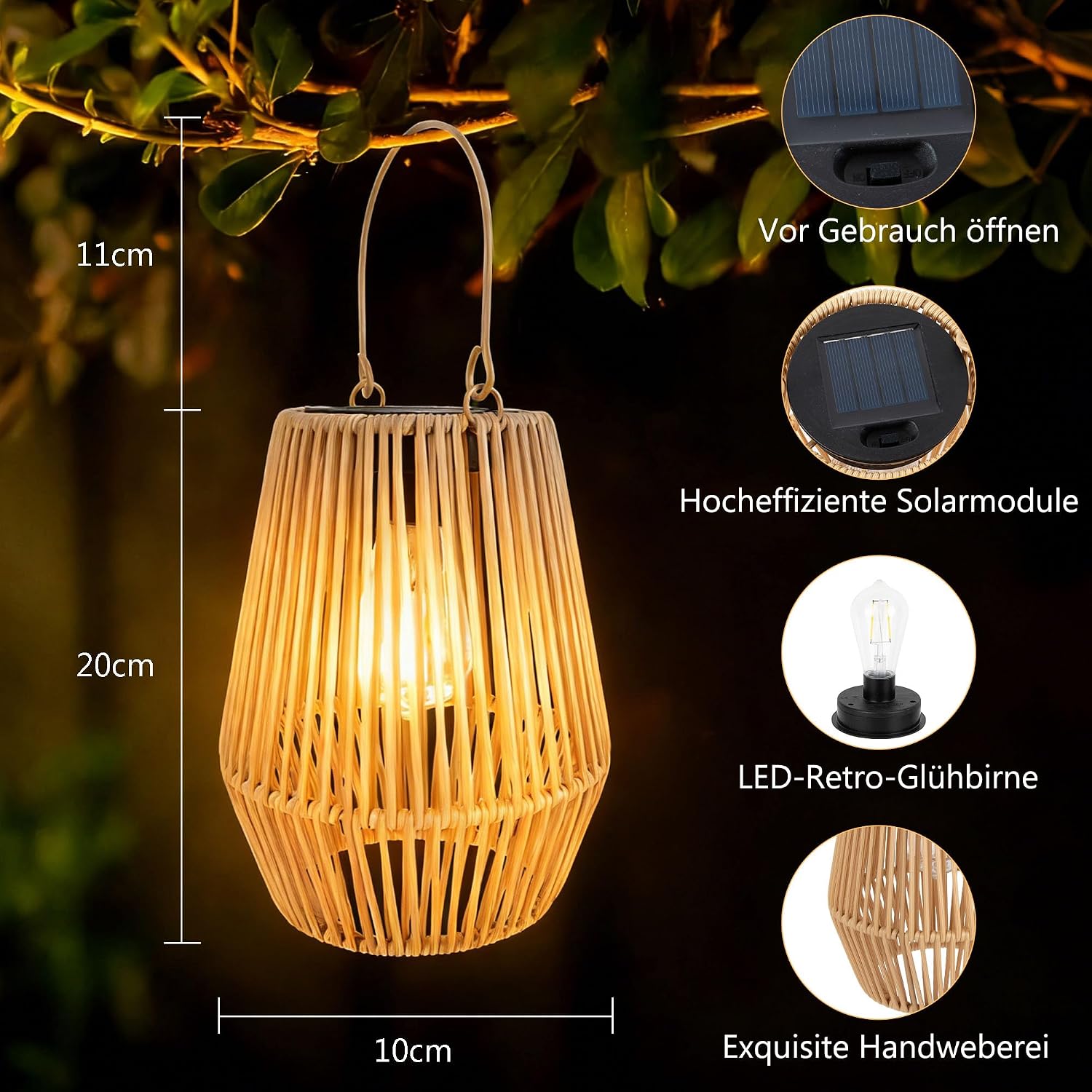 2er Set Solar-Laternen aus Rattan, IP65 Wasserdicht, haengend fuer Garten Balkon R
