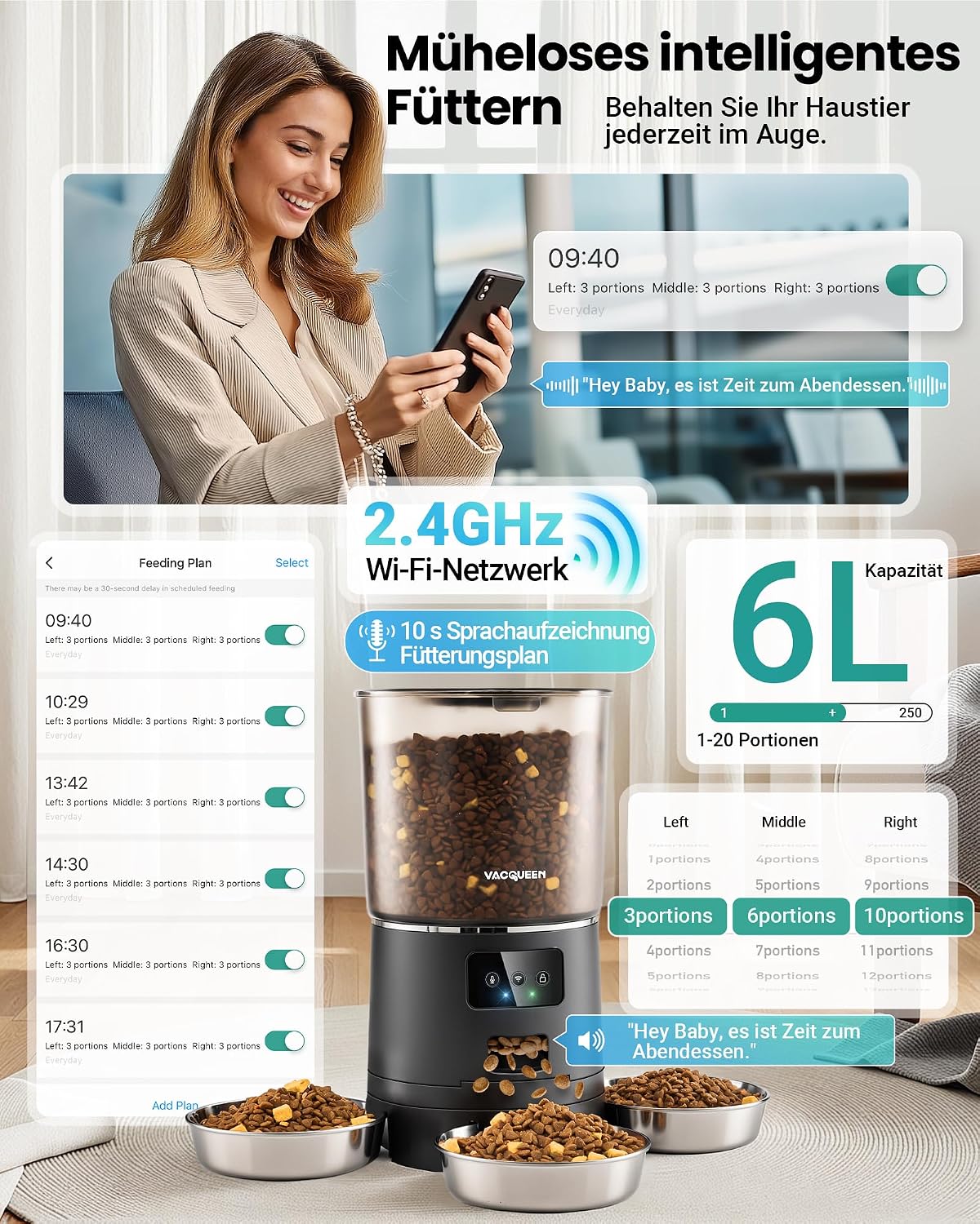 Futterautomat Katze 25 Portionen mit App Timer WiFi Schwarz