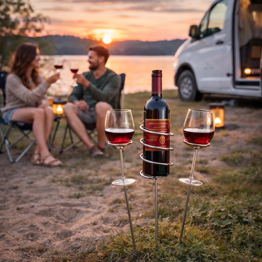Weinstaender Edelstahl faltbar - Flaschenhalter und Glashalter fuer Picknick