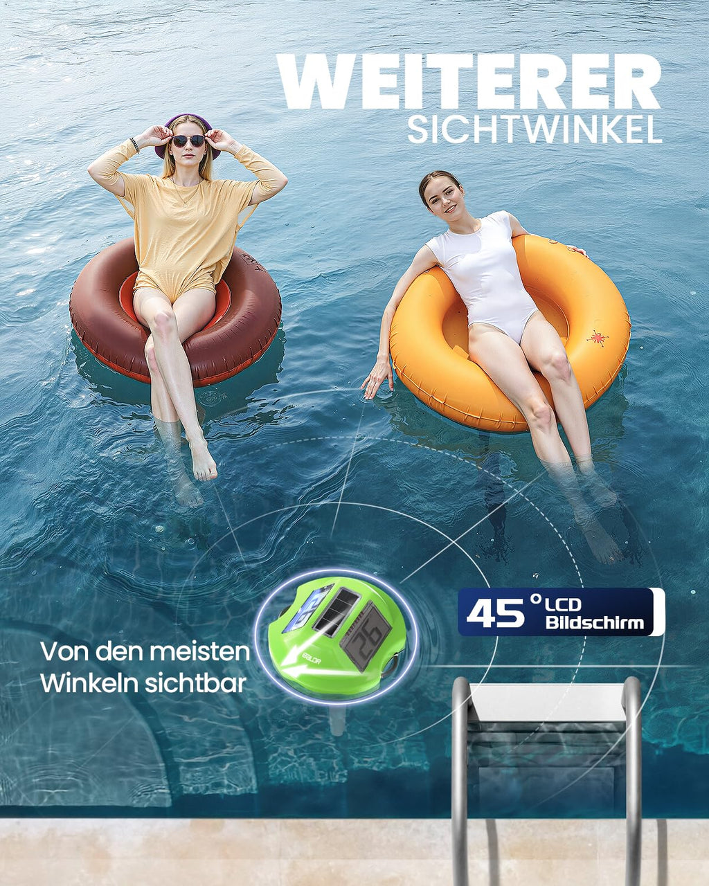 BALDR Solarschwimmer Poolthermometer mit zwei Displays, IPX7 wasserdicht