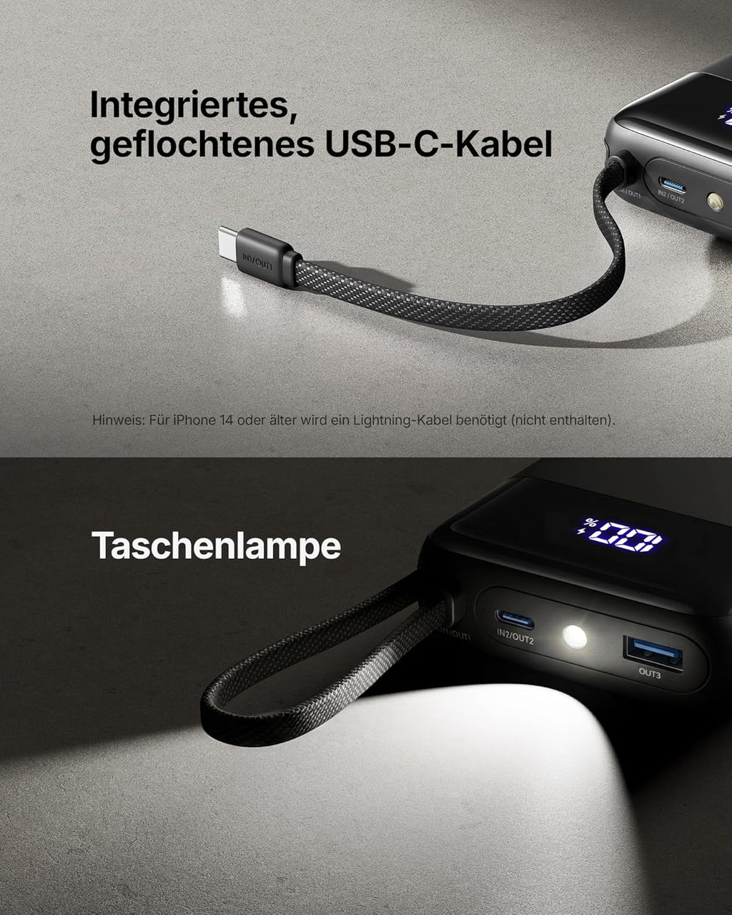 INIU 45W Power Bank 20000 mAh mit integriertem USB‑C Kabel Schnellladen
