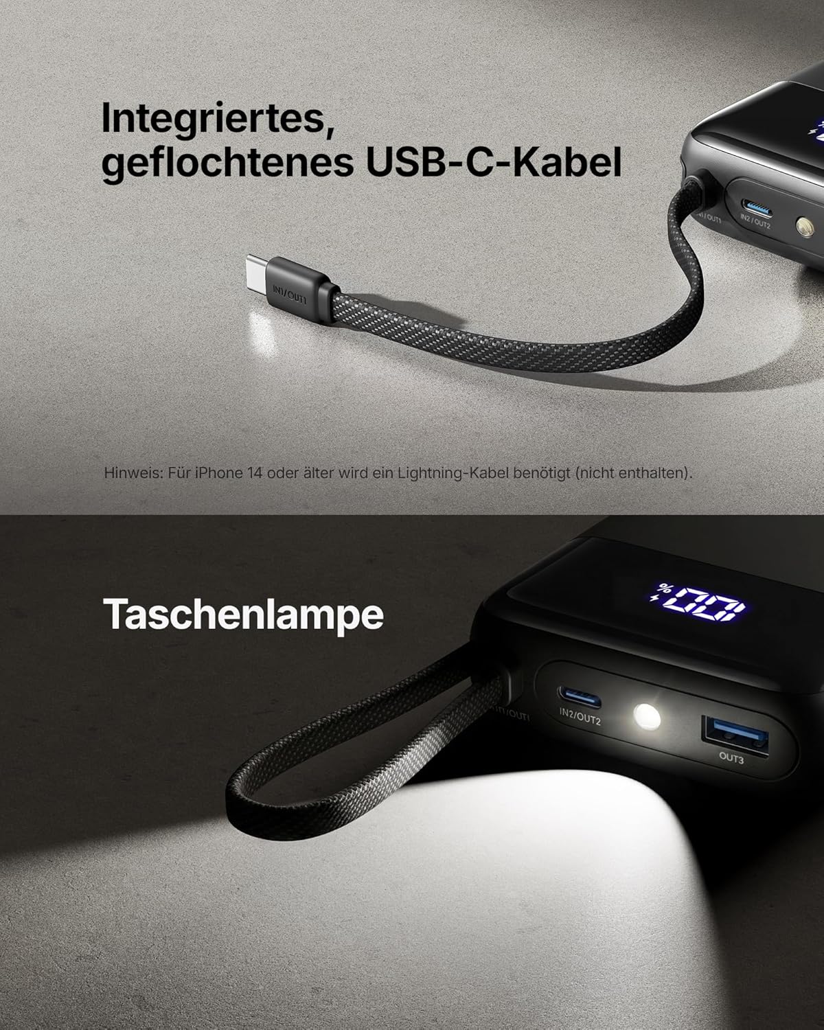 INIU 45W Power Bank 20000 mAh mit integriertem USB‑C Kabel Schnellladen