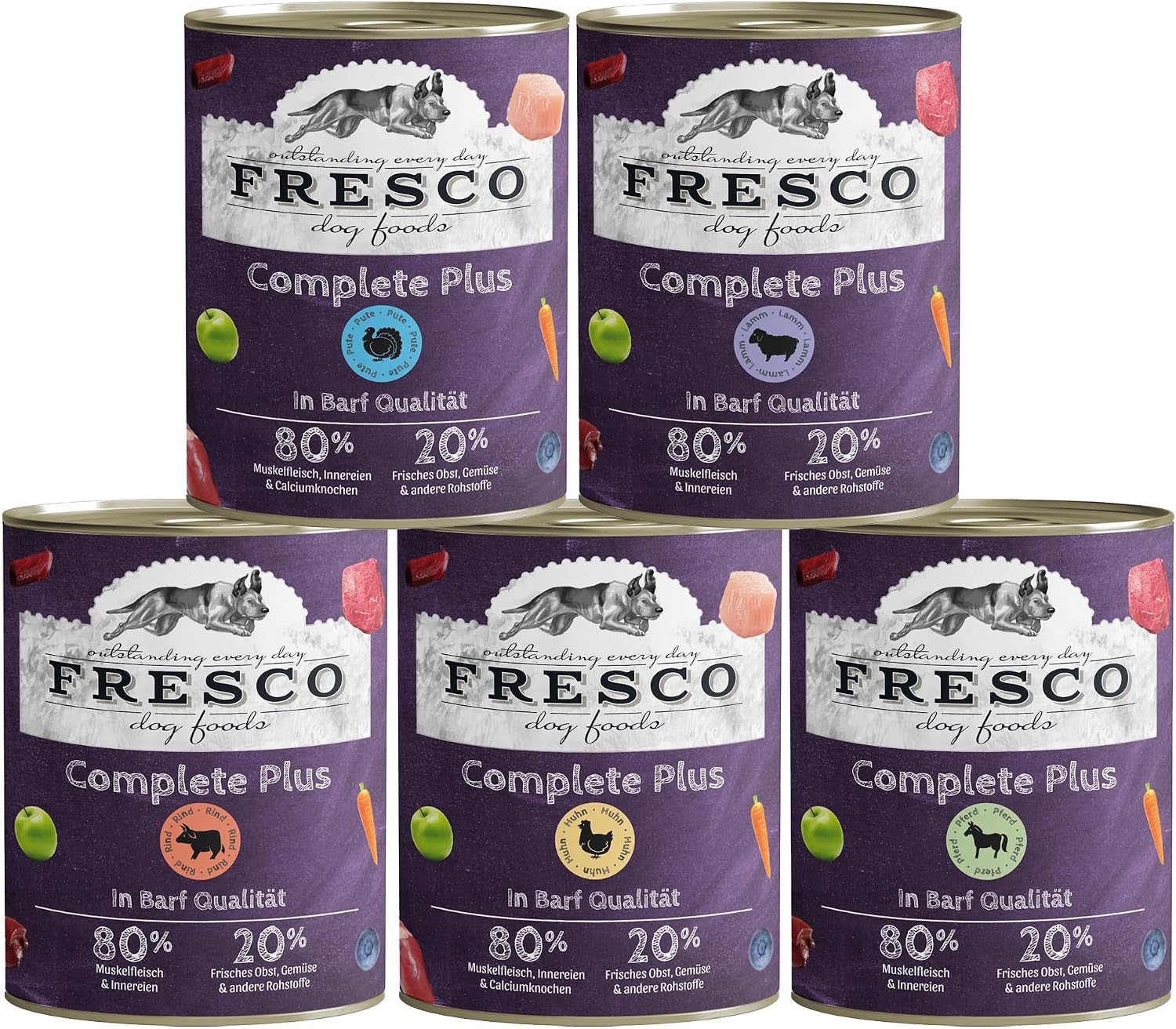 FRESCO Dog NassBarf Probierpaket 5x800g getreidefreies Nassfutter fuer Hunde