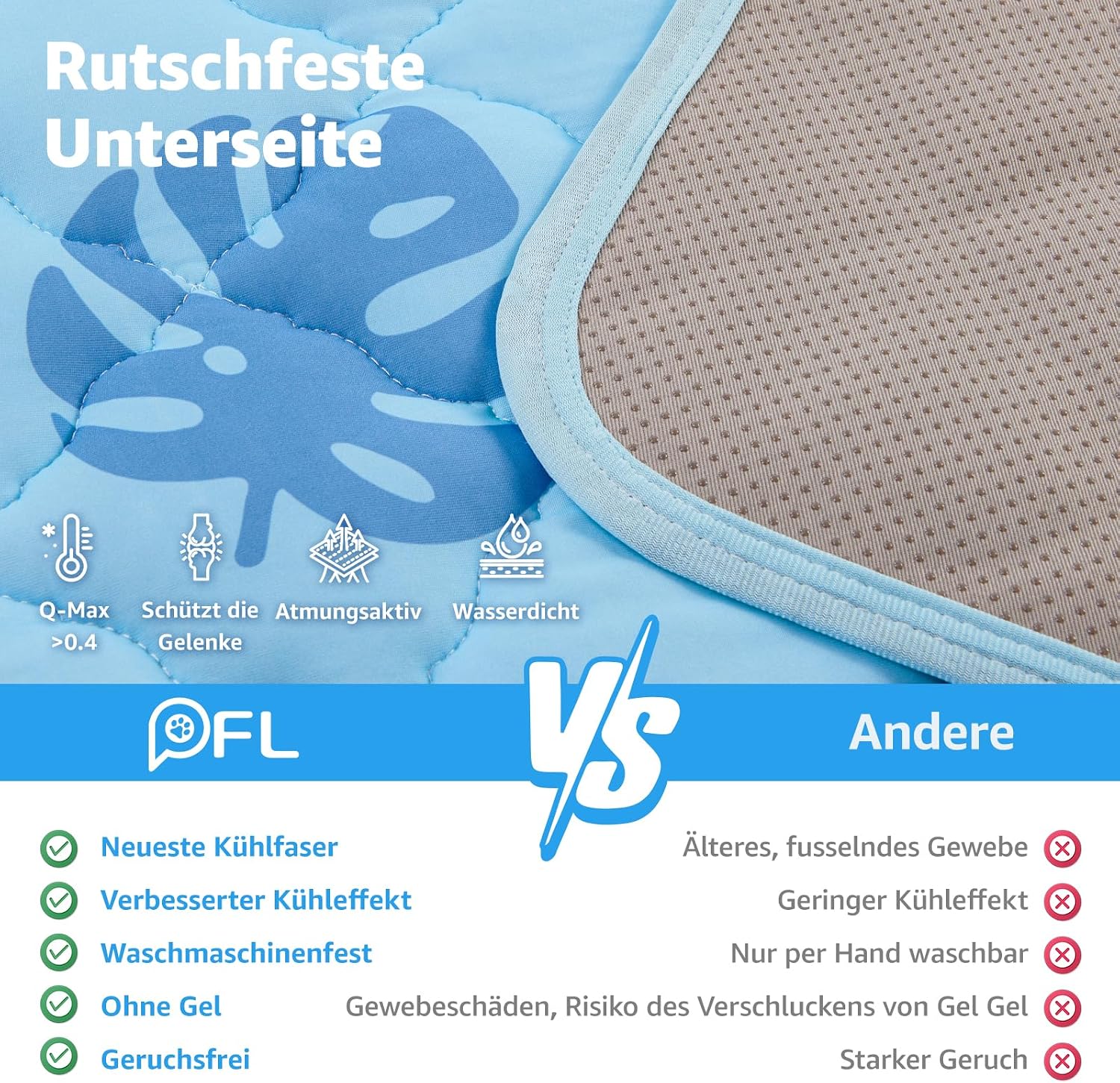 PICK FOR LIFE Kuehldecke Hund 70x55 cm Waschbar selbstkuehlend Grau 1cm