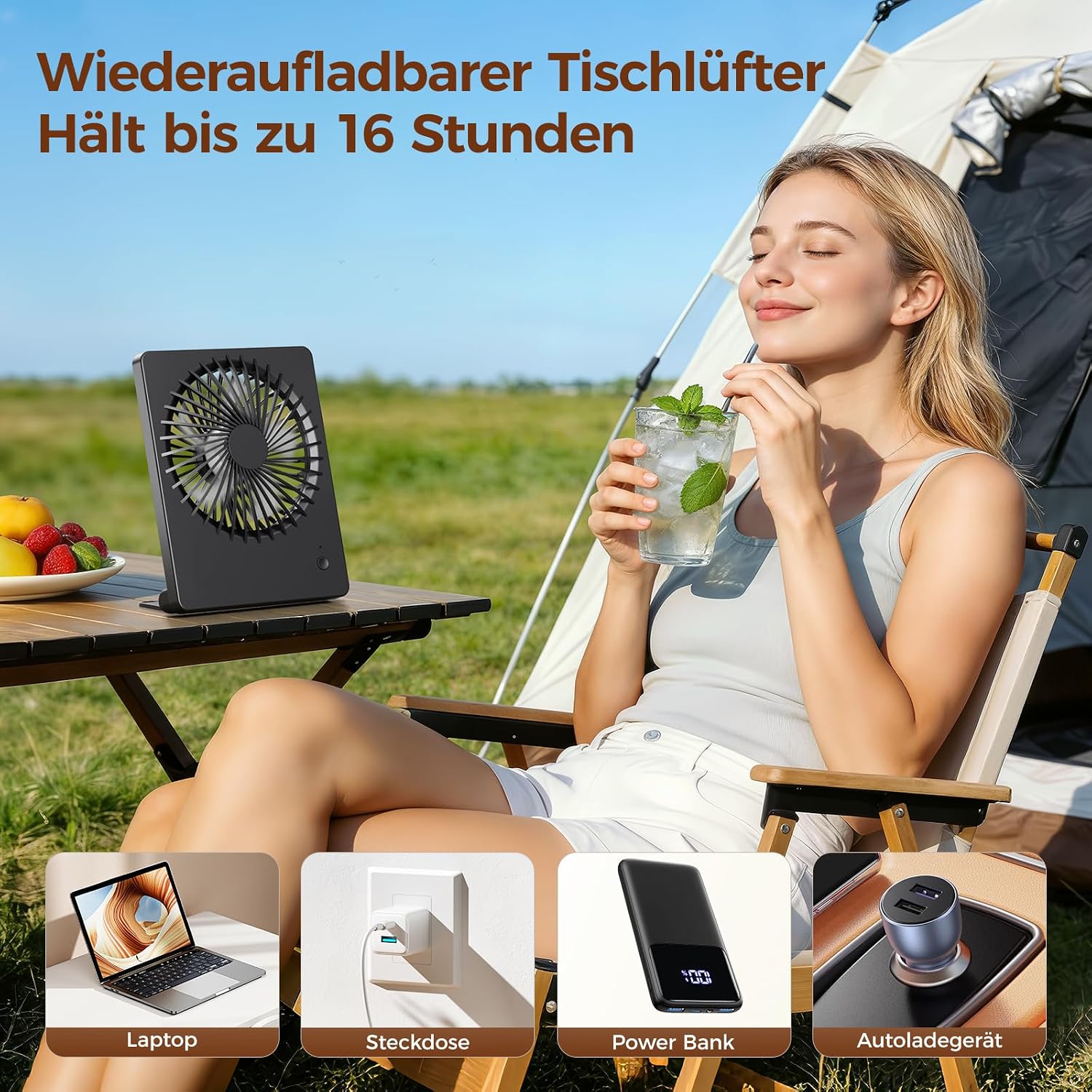 TriPole Tischventilator Akku 2000mAh, 3 Stufen, 30dB, 180° verstellbar