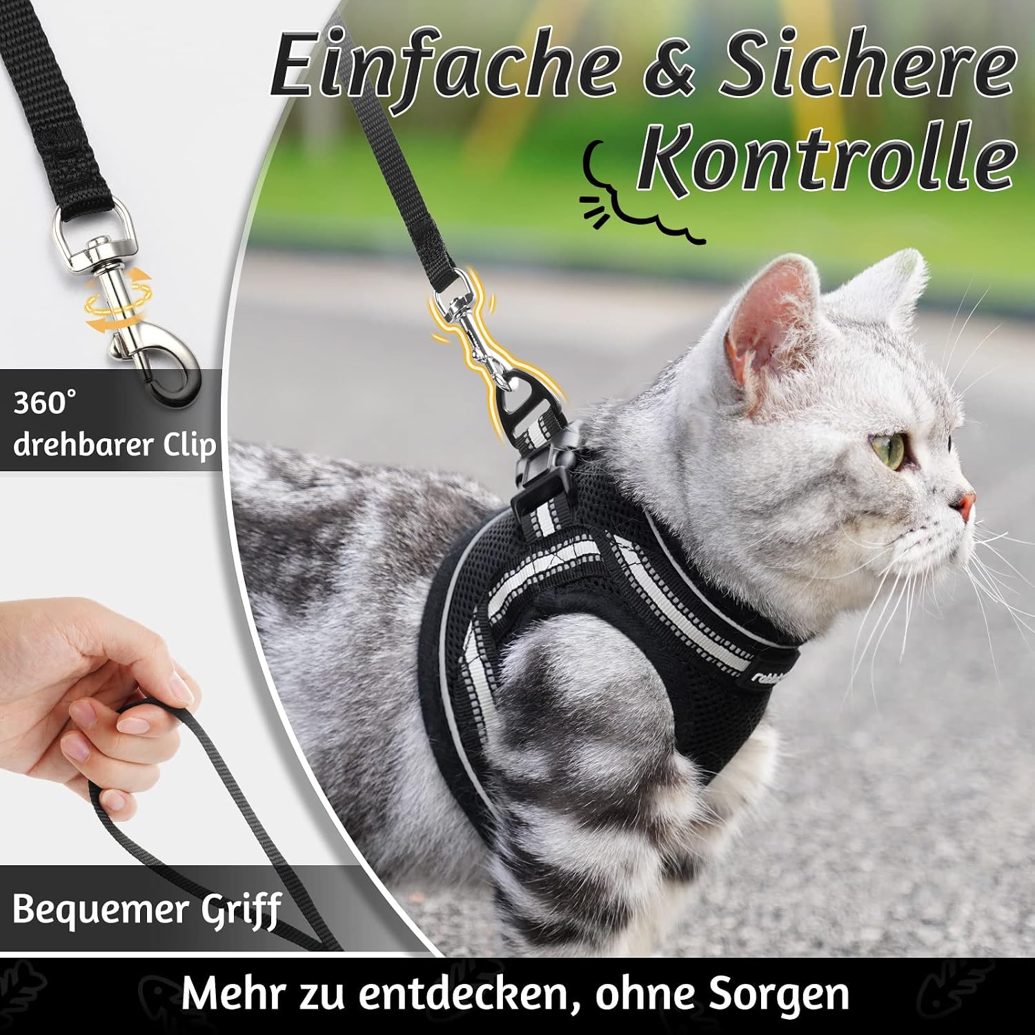 rabbitgoo Katzengeschirr verstellbar ausbruchsicher Schwarz Gr. S Kaetzchen