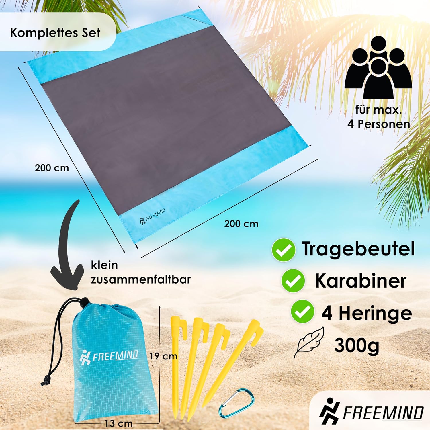freemind Stranddecke 140x200 cm wasserabweisend sandfrei ultraleicht inkl. Herin