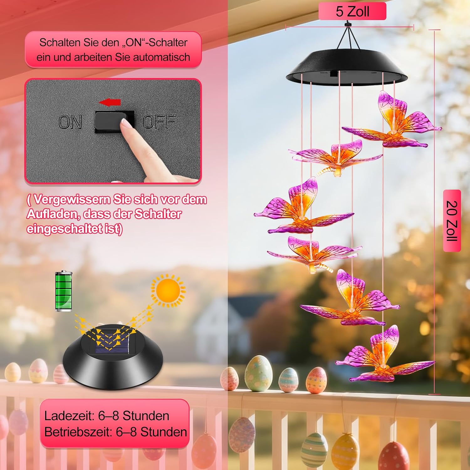 Schmetterling Solarlampe haengend fuer Garten Balkon wetterfest - Solar Windspiel