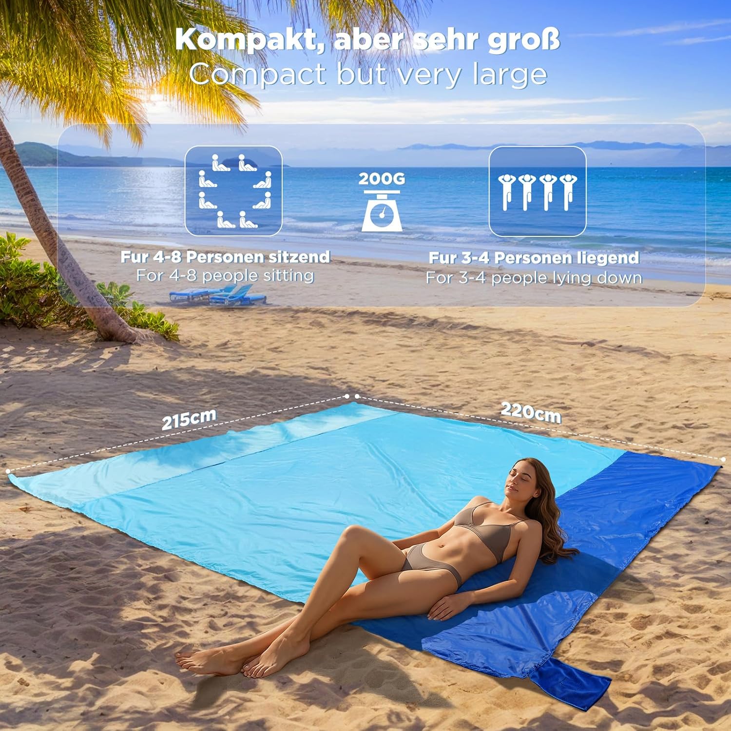 Sandfreie Stranddecke 220x215 cm ultraleicht windfest feuchtigkeitsabweisend Kar
