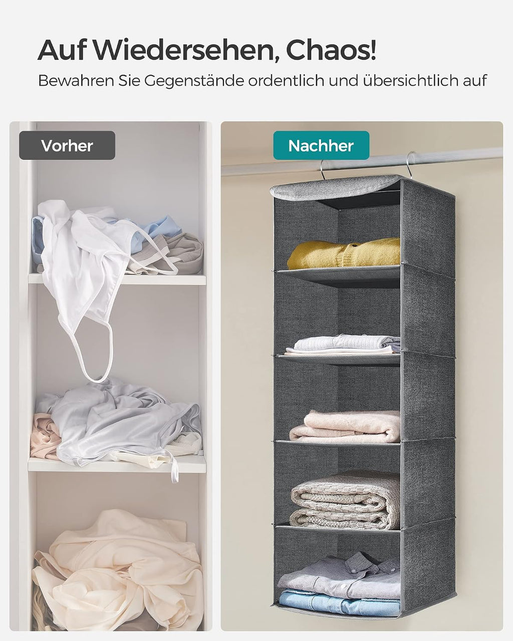 SONGMICS Haengeorganizer 4 Faecher faltbar Kleiderschrank Regal Hellgrau
