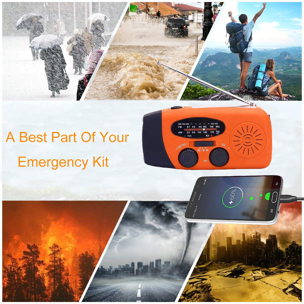 Tragbares Solar Kurbelradio mit AM/FM, 2000mAh Powerbank, LED Lampe, USB, orange