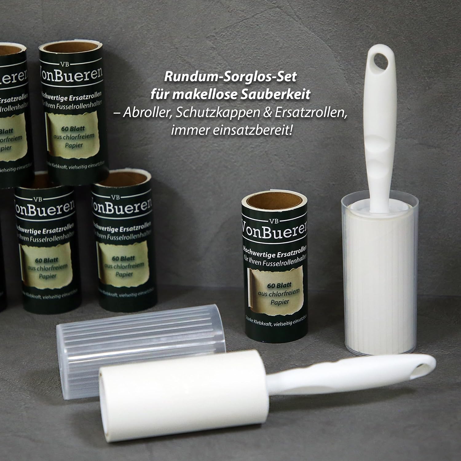 VonBueren Fusselrolle Set mit 10 Rollen, 600 Blatt, 2 Abrollern und 2 Huellen