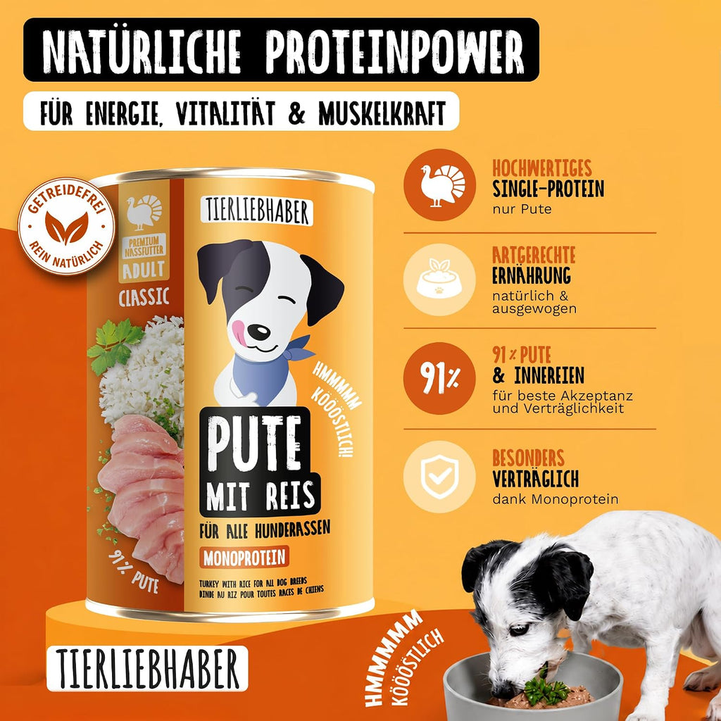 Tierliebhaber Hundefutter Nass Dose Pute mit Reis 91% Fleisch