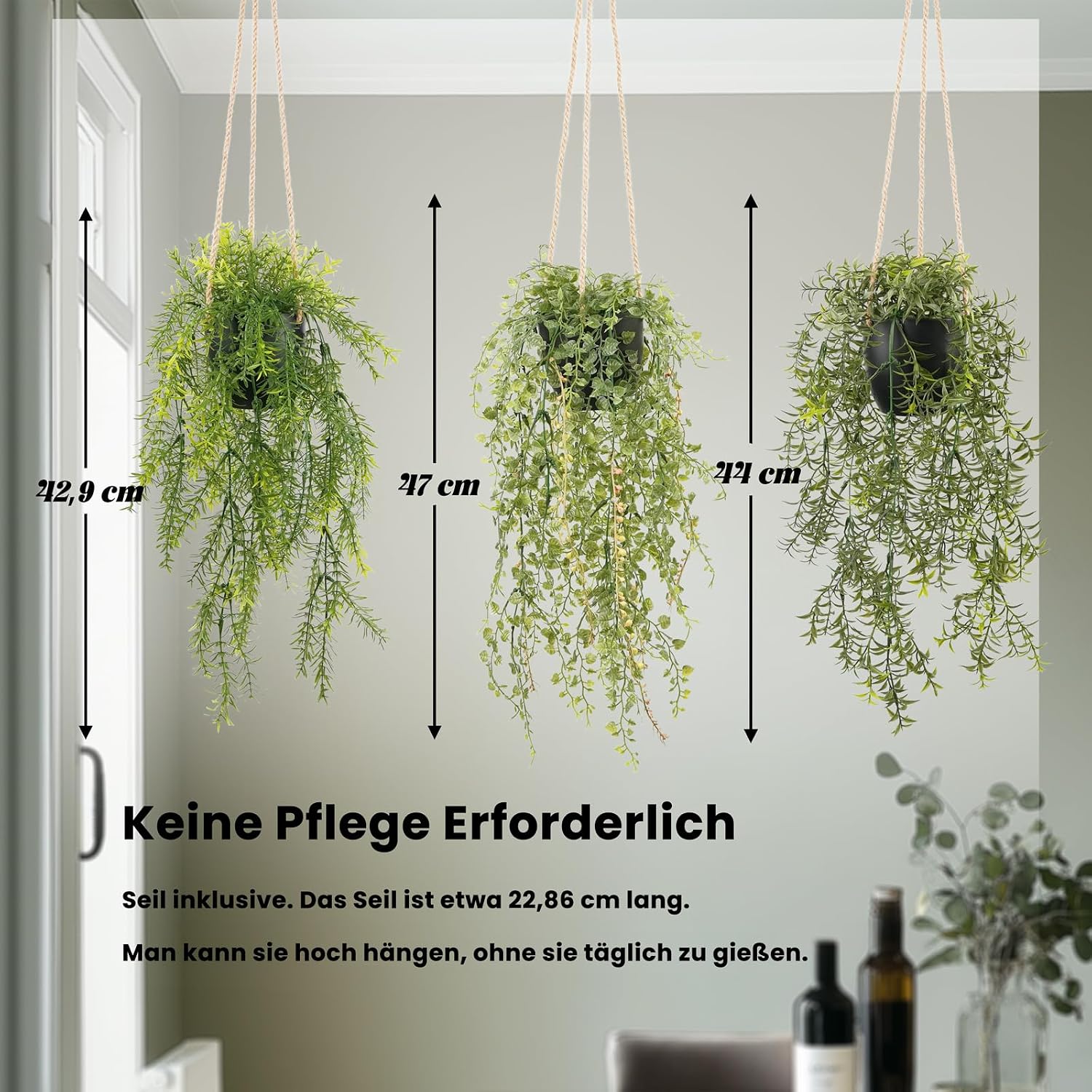 YVONNEYI 3er Set kuenstliche Haengepflanzen im schwarzen Topf 50 cm fuer Balkon Woh