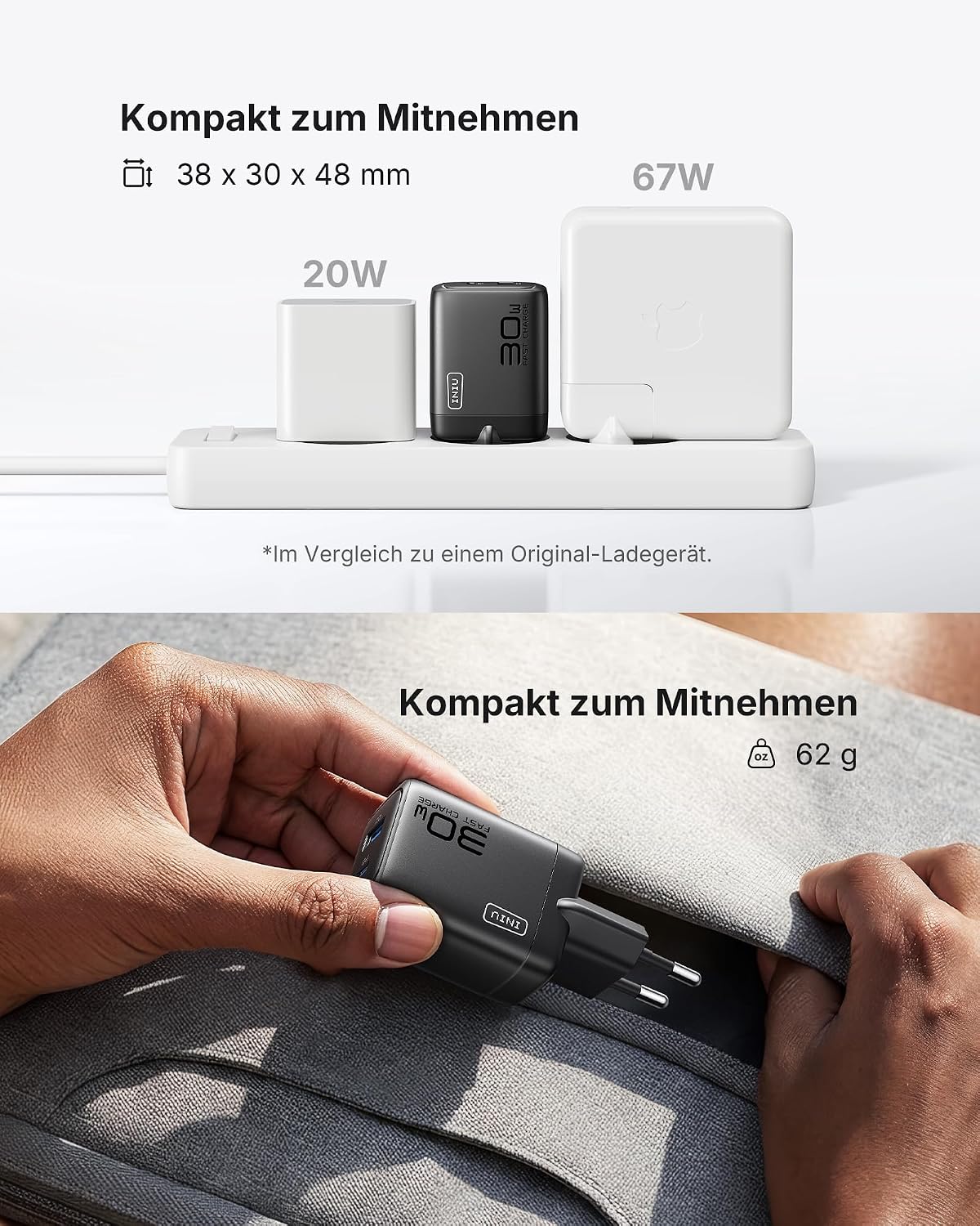 INIU 30W USB-C Netzteil 2er Set mit USB-C und USB-A Kabel, GaN Schnellladegeraet