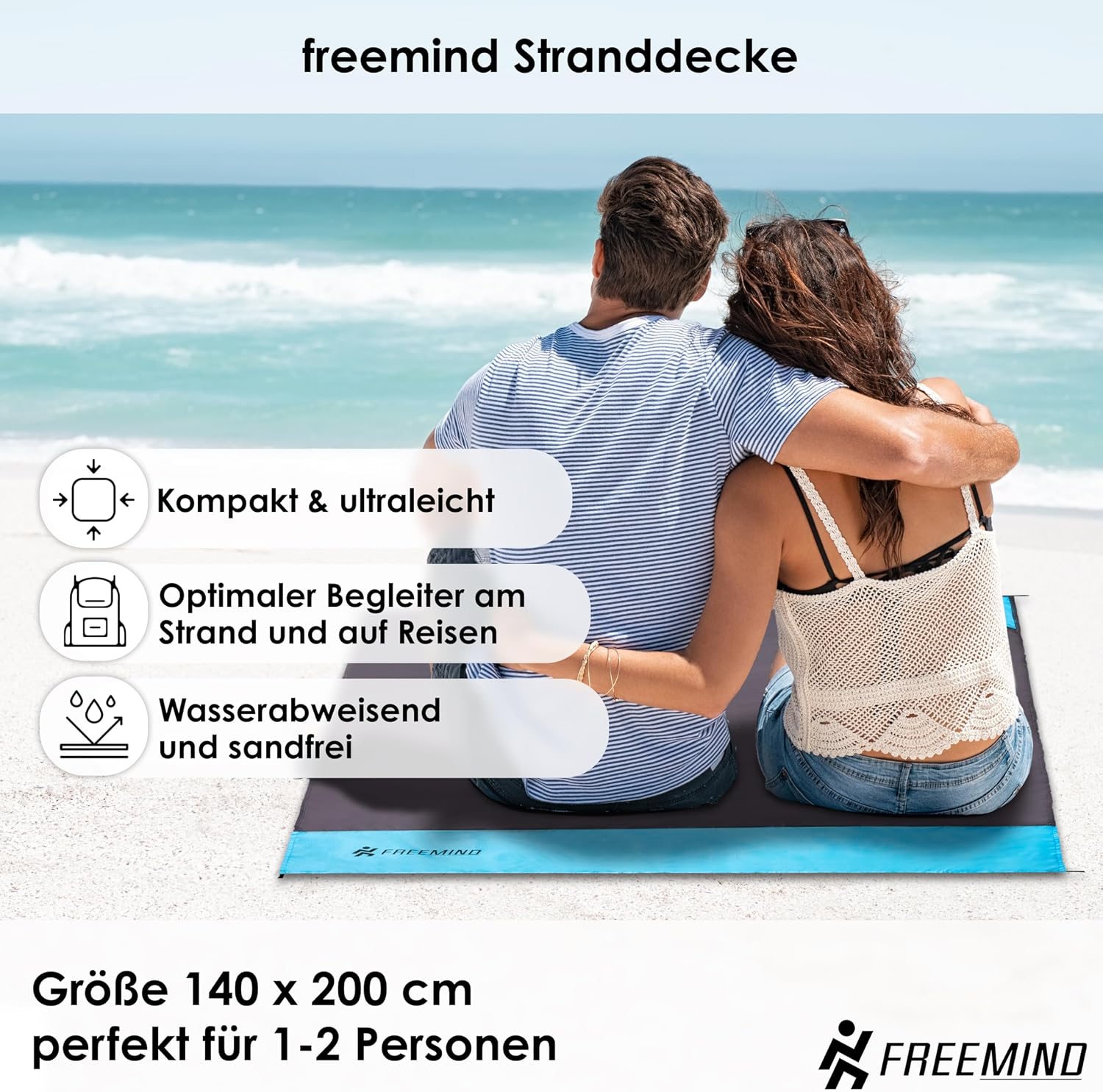 freemind Stranddecke 140x200 cm wasserabweisend sandfrei ultraleicht inkl. Herin