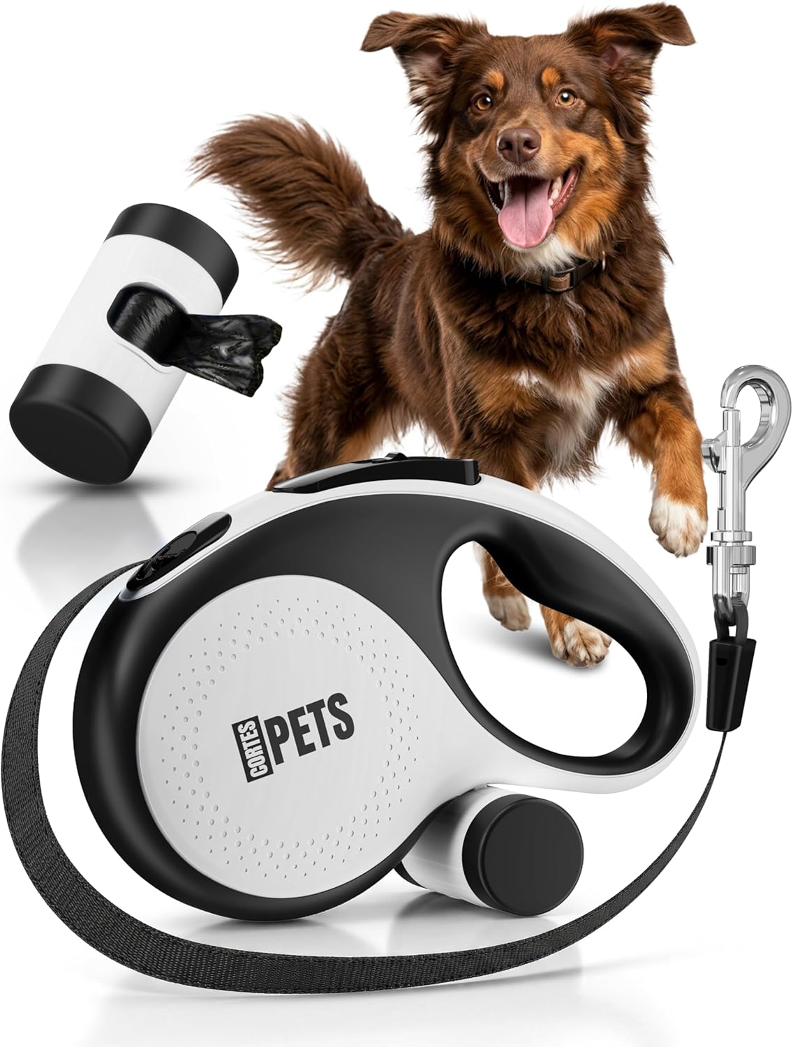 CORTESPETS Rollleine 5m fuer Hunde bis mit Kotbeutel Weiss