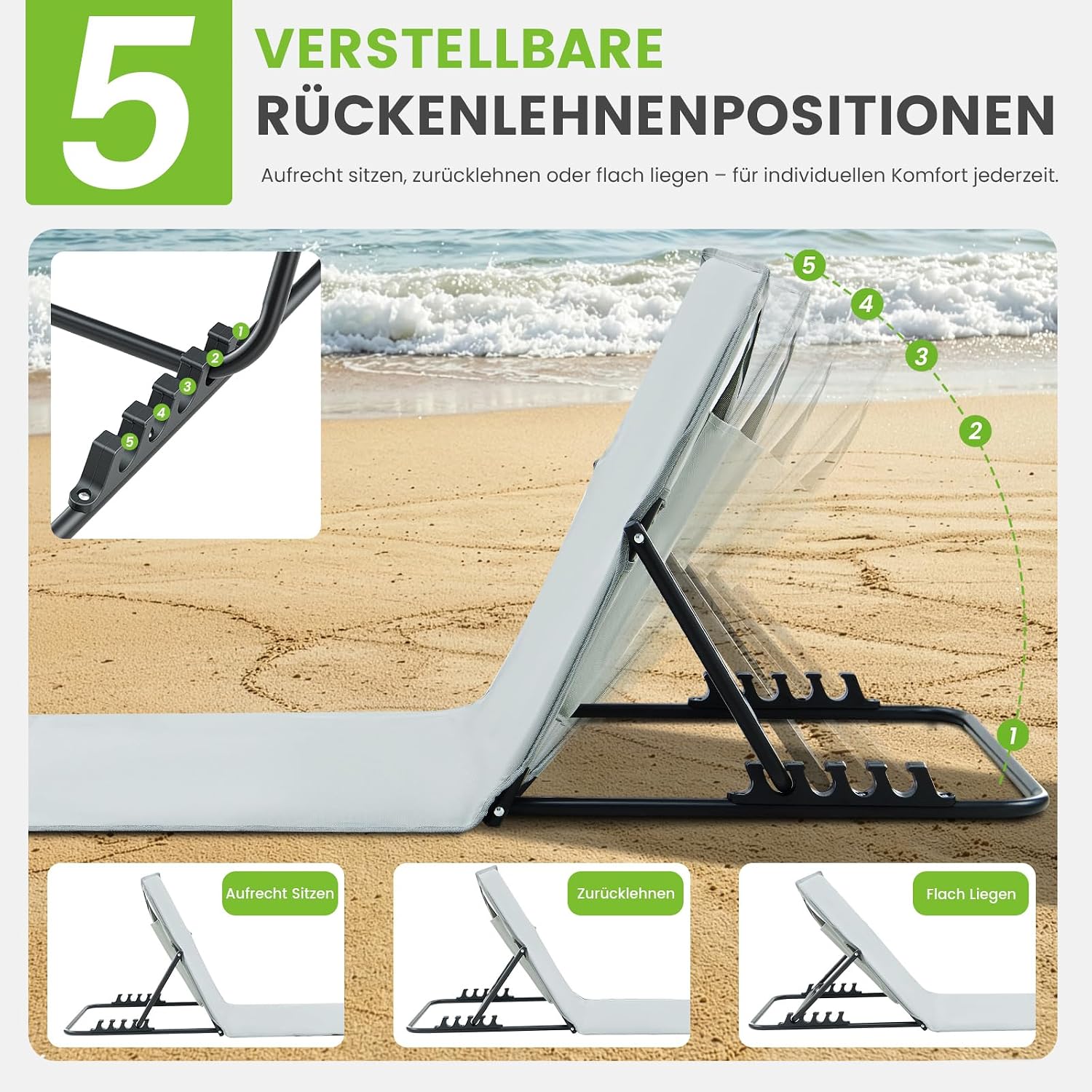 Palawano Sonnenliege verstellbar 5 Positionen leicht tragbar fuer Garten Strand