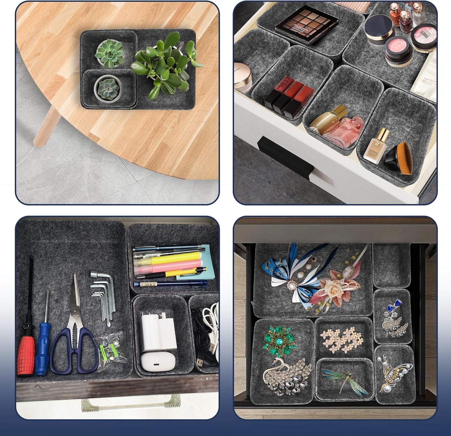 Schubladen Organizer Filz 14er Set waschbar Hellgrau fuer Schminktisch