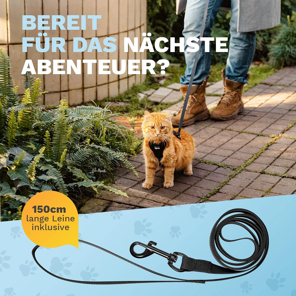 Katzengeschirr verstellbar mit Leine XS-S Schwarz Ausbruchsicher Spaziergang