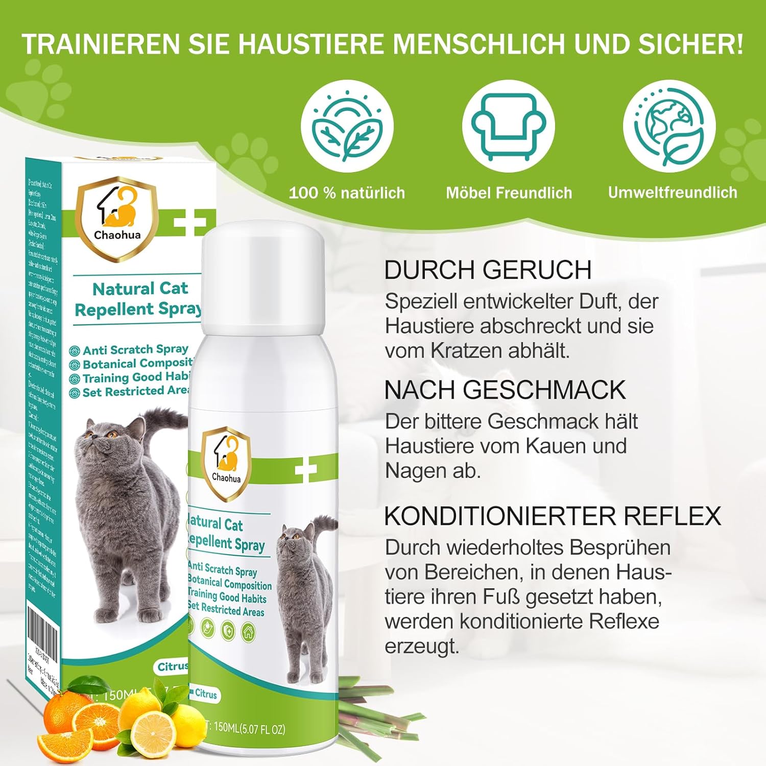 Katzenabwehrspray 150 ml fuer Innen und Aussen - Schutz fuer Moebel und Sofas