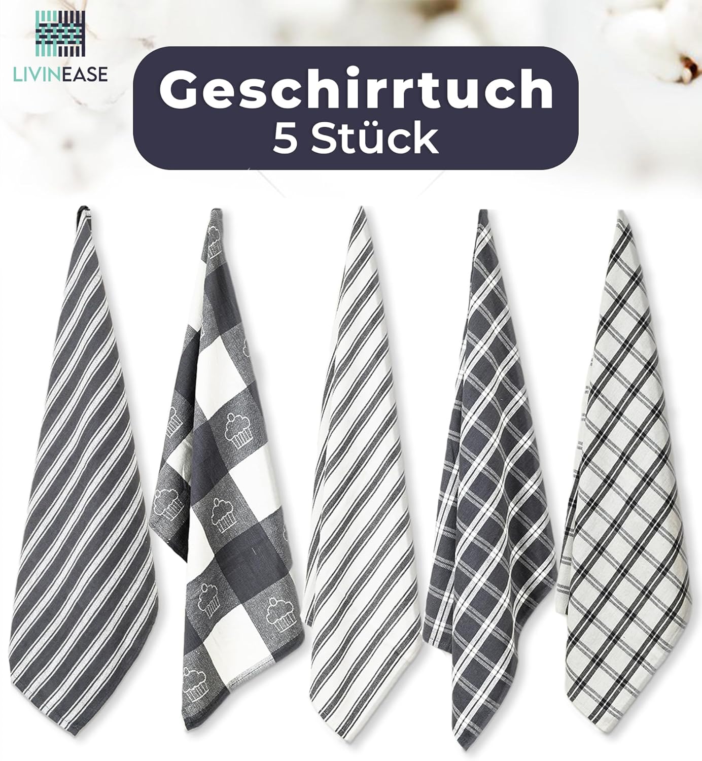 Livinease Geschirrtuecher 5er Set 100% Baumwolle 70×50 cm Grau saugfaehig