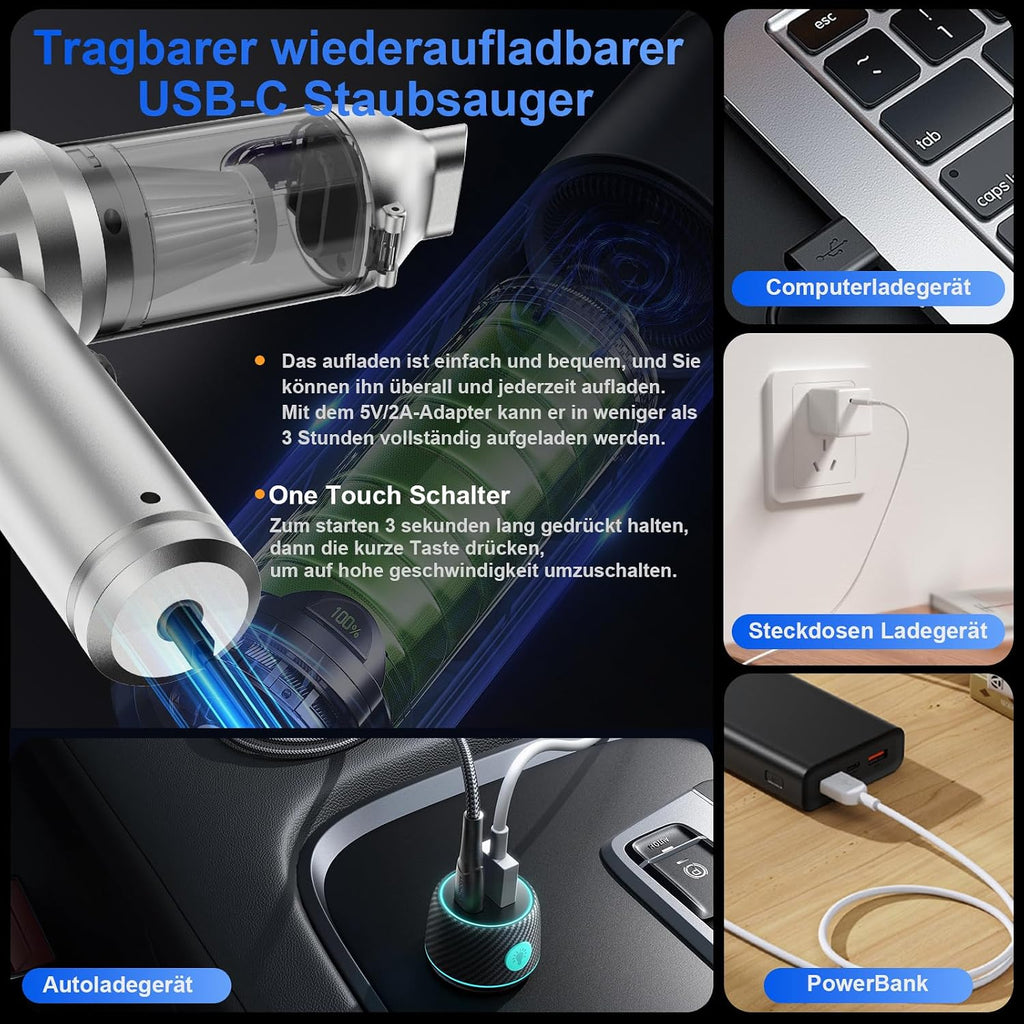 Akku-Handstaubsauger 26000Pa 4-in-1 mit Geblaesefunktion 6000mAh Grau