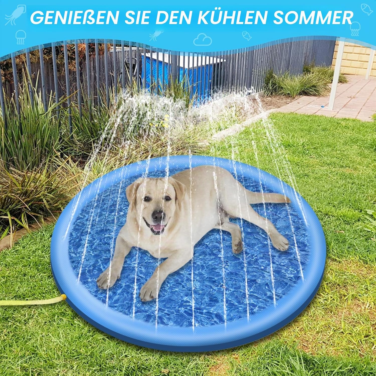 Jsdoin aufblasbarer Hundepool 100 cm blau faltbar verdickt Outdoor Sprinklermatt