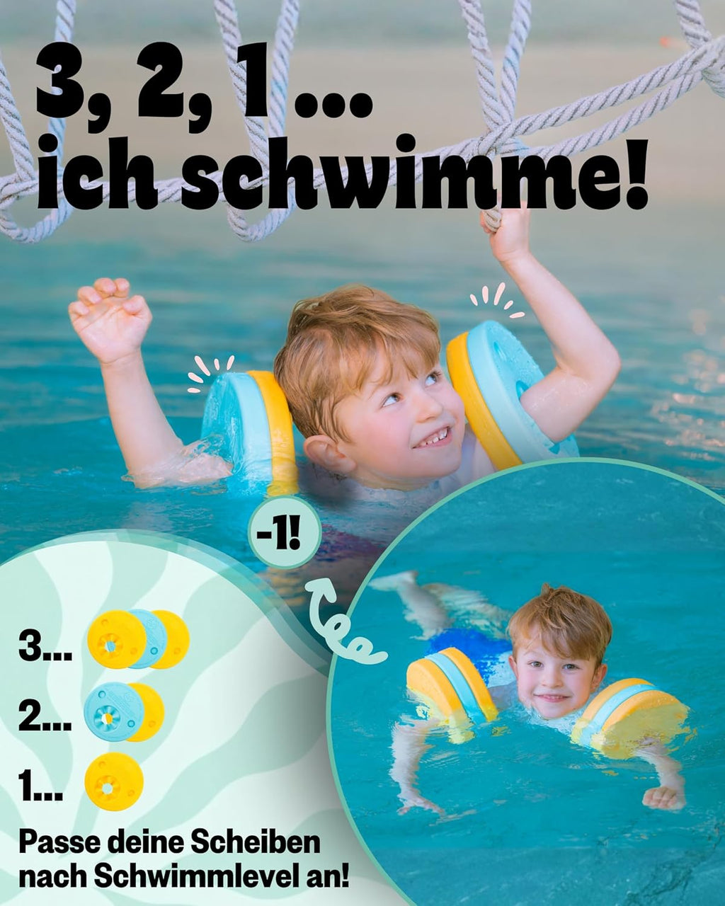 Schwimmlernhilfe Kinder 1-8 Jahre TUeV-geprueft mit Sportbeutel und Abzeichen