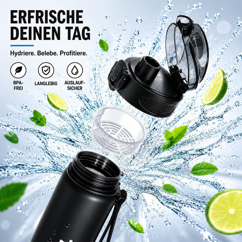 TOPLUS Sport-Trinkflasche BPA-frei leicht stossfest schwarz