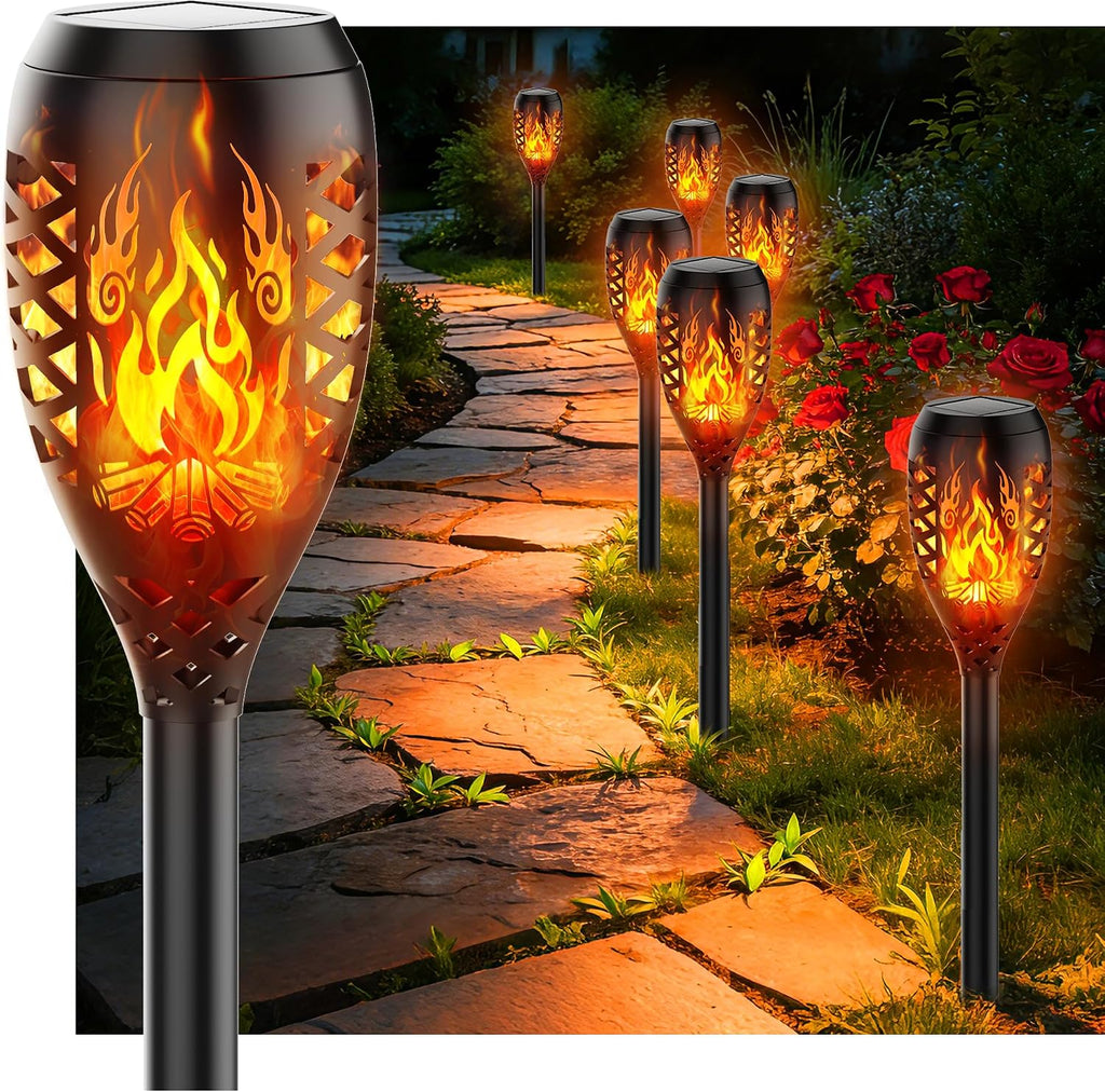 6er Set Solar-Gartenfackeln Streichholz-Design IP65 wasserdicht Wegbeleuchtung