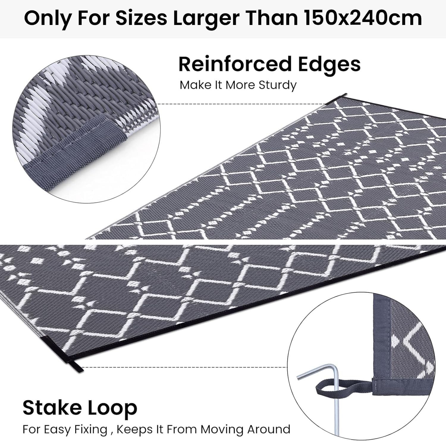 Homaxy Outdoor Teppich 150x240 cm wasserdicht beidseitig nutzbar Schwarz/Grau 18
