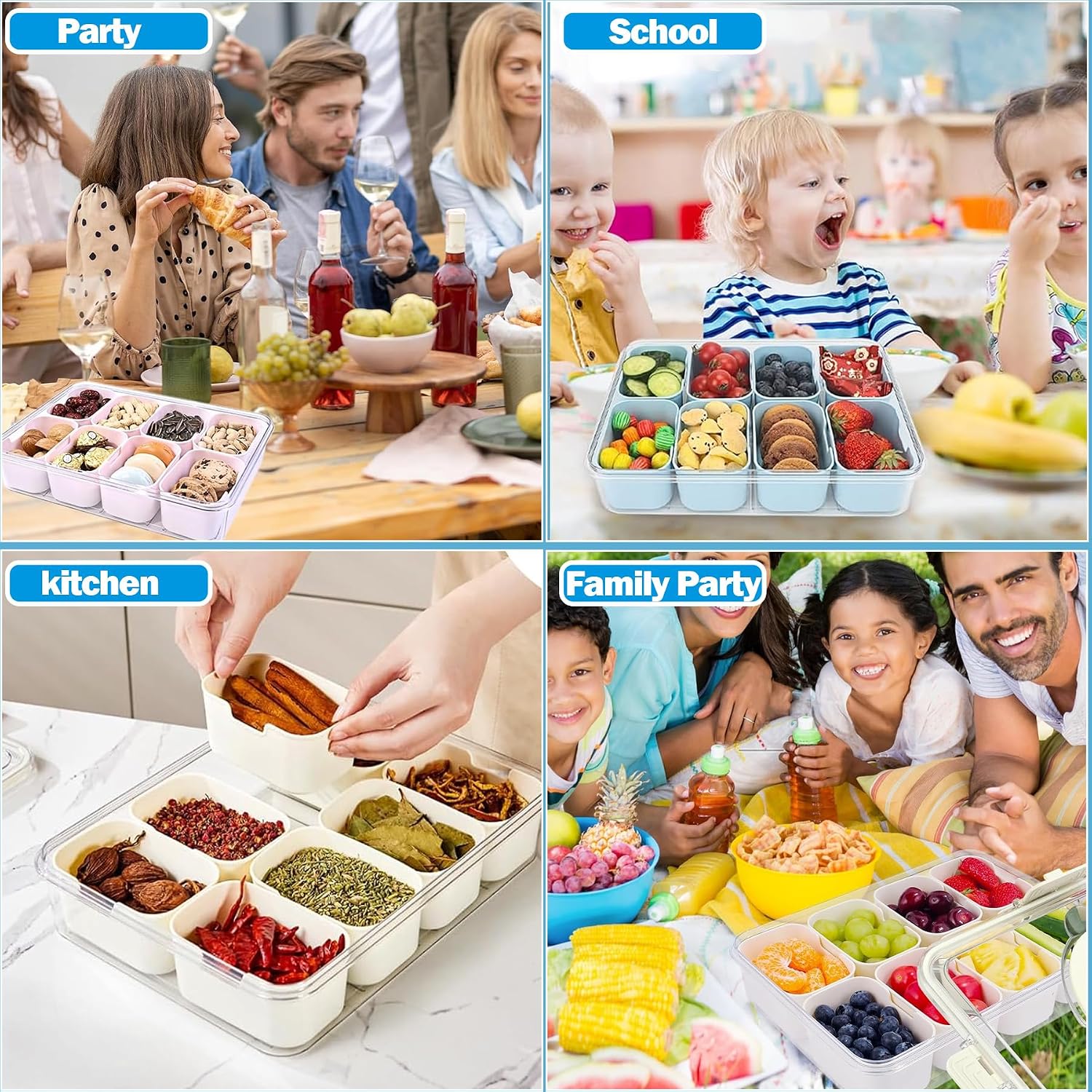 TZEKING Snackbox 8 Faecher mit Deckel - tragbare Snackschale fuer Fruechte Gewuerze