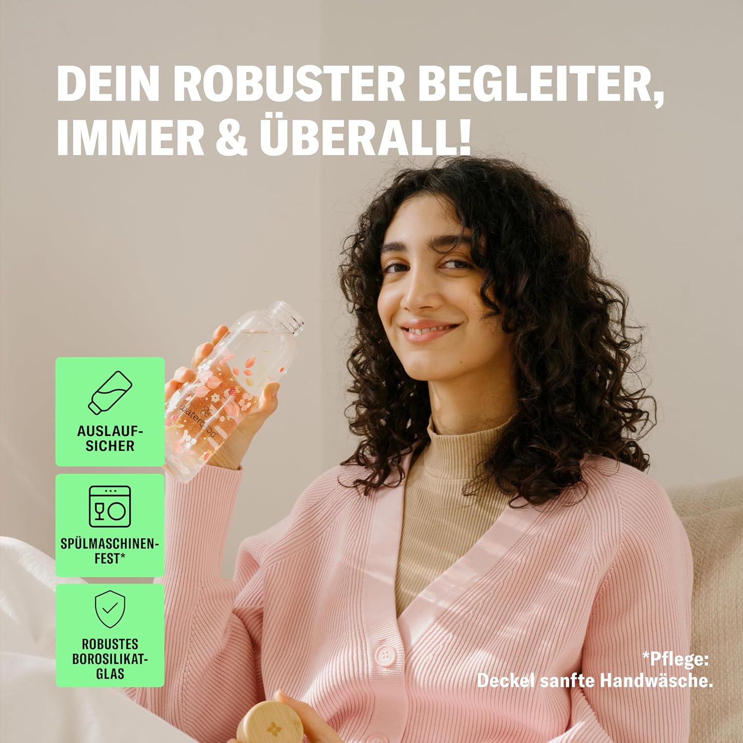 Waterdrop Glas Trinkflasche kohlensaeuregeeignet BPA-frei mit Huelle