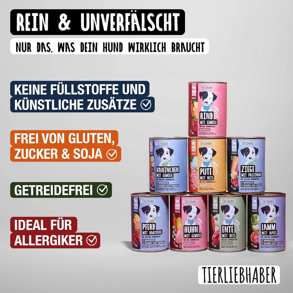 TIERLIEBHABER Hundenassfutter Dose 91% Fleischanteil 8 Sorten Packung