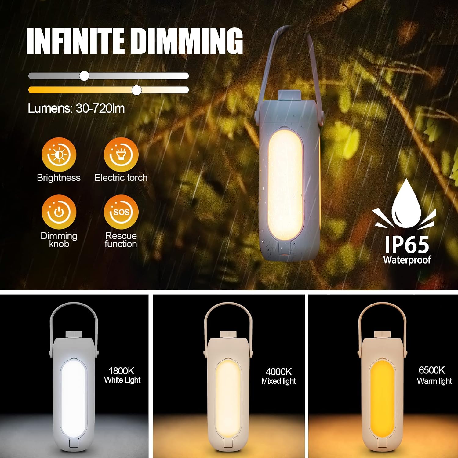 LED Campinglampe 10000 mAh Akku kabellos dimmbar 3 Leuchtmodi schwarz