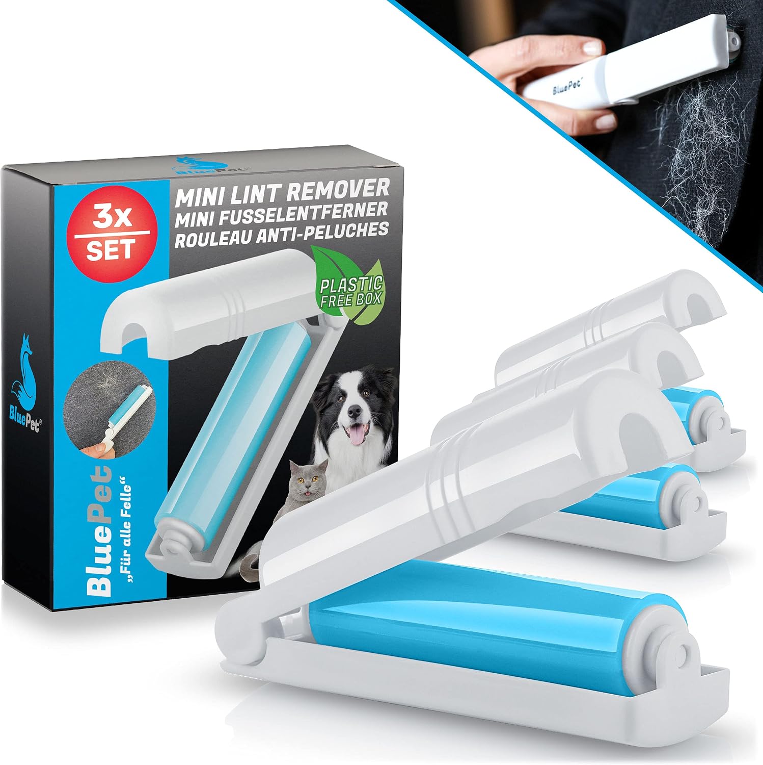 BluePet Tierhaarentferner wiederverwendbar + Mini-Fusselrolle fuer Kleidung