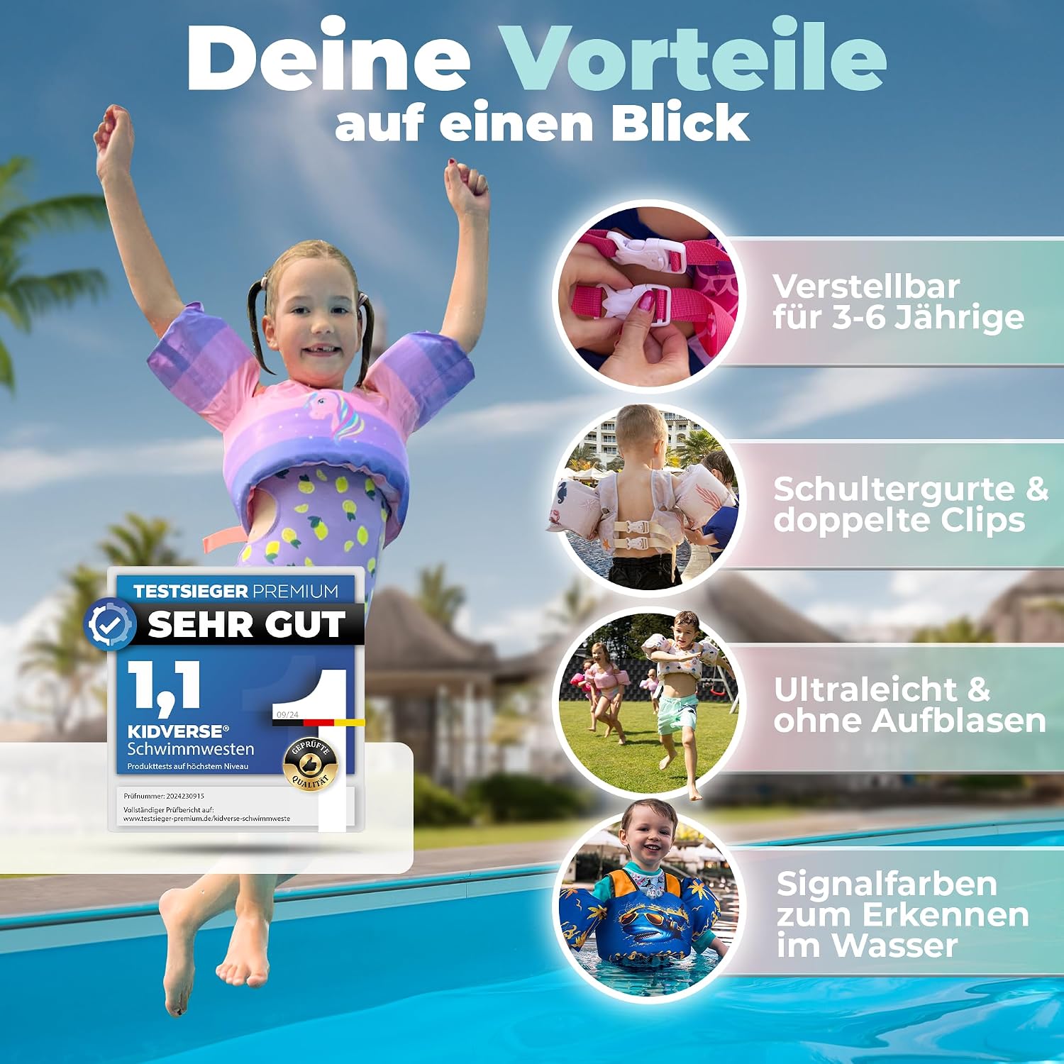 KIDVERSE Schwimmweste Kinder 3-6 Jahre bis Schwimmhilfe mit Aermel